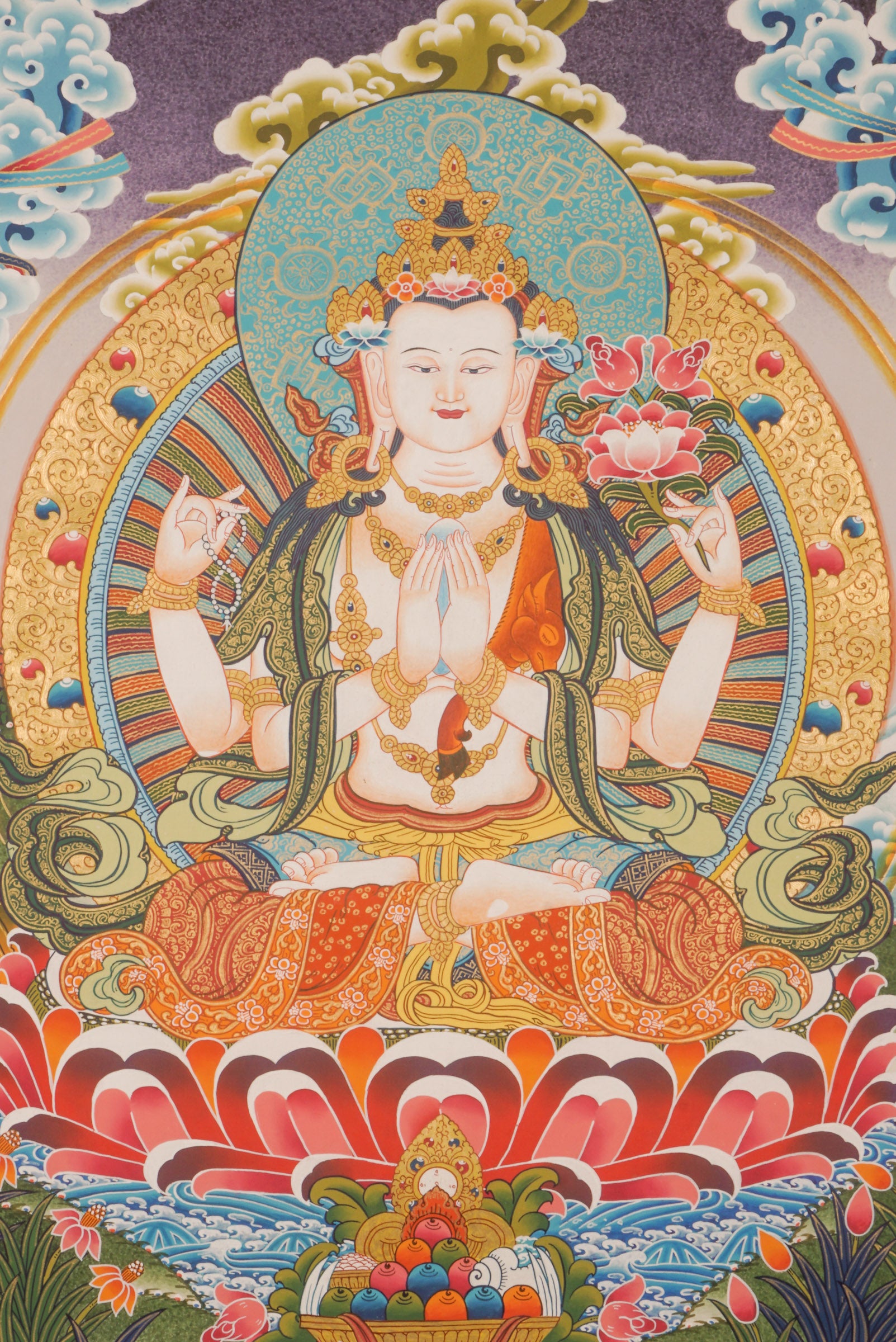 This genuine Chenrezig Thangka, hand-painted with natural mineral pigments, radiates boundless compassion and deep spiritual significance. More than just art, it serves as a sacred tool for meditation and a beautiful reminder of Chenrezig’s infinite kindness and healing presence.