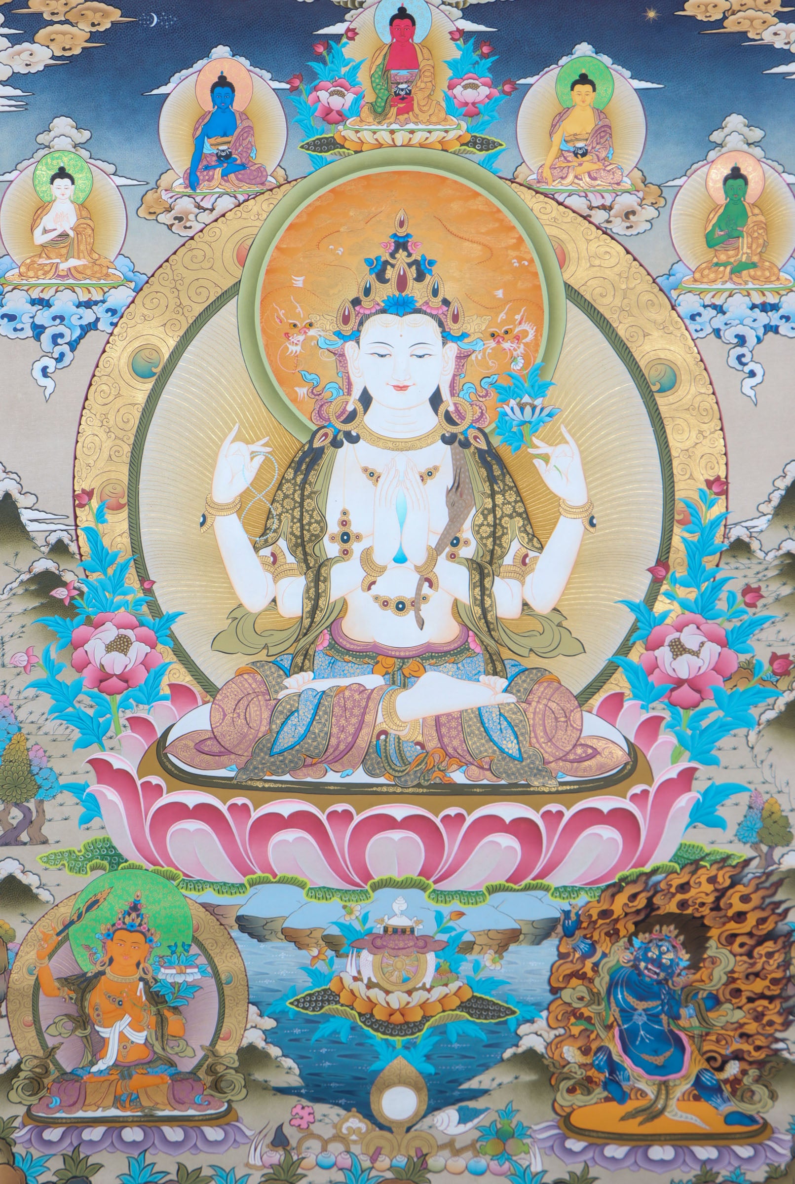 Chengresi, or Avalokiteshvara, symbolizes boundless compassion in Tibetan Buddhism. This handcrafted Thangka radiates his peaceful energy, making it perfect for meditation, devotion, or sacred décor.
