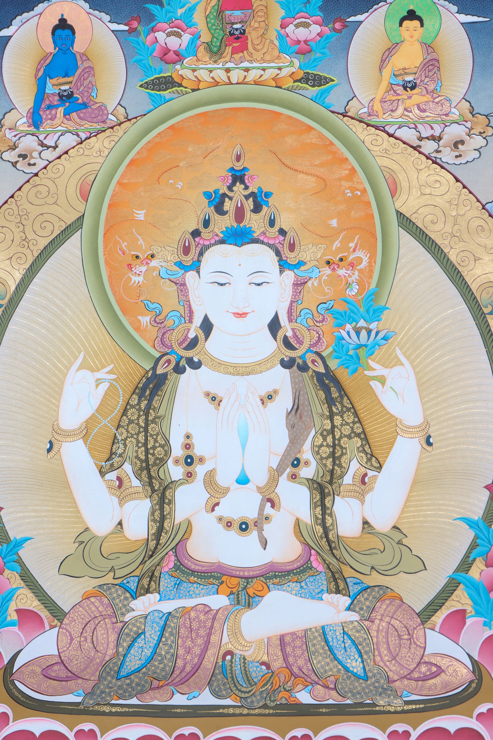 Chengresi, or Avalokiteshvara, symbolizes boundless compassion in Tibetan Buddhism. This handcrafted Thangka radiates his peaceful energy, making it perfect for meditation, devotion, or sacred décor.