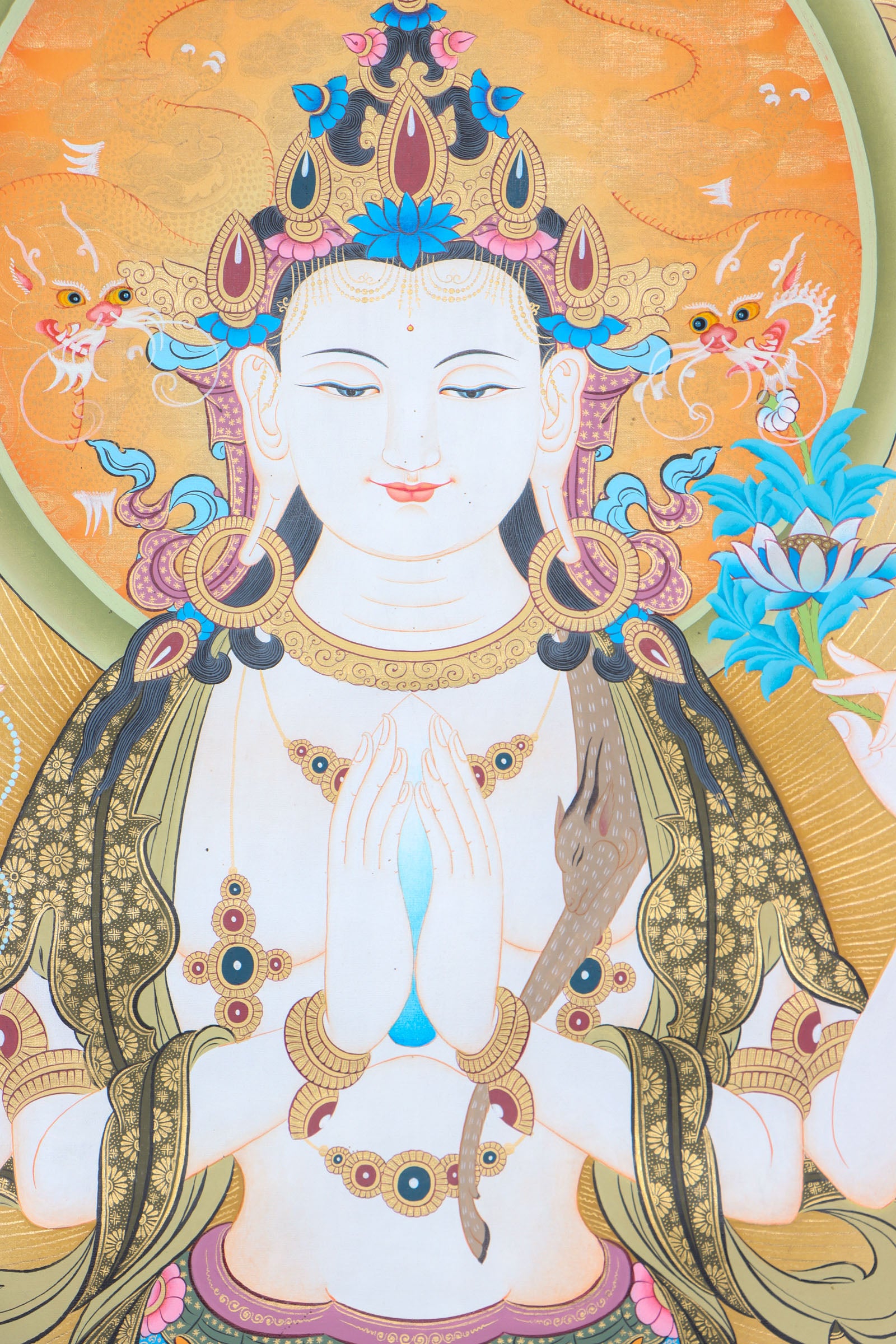 Chengresi, or Avalokiteshvara, symbolizes boundless compassion in Tibetan Buddhism. This handcrafted Thangka radiates his peaceful energy, making it perfect for meditation, devotion, or sacred décor.