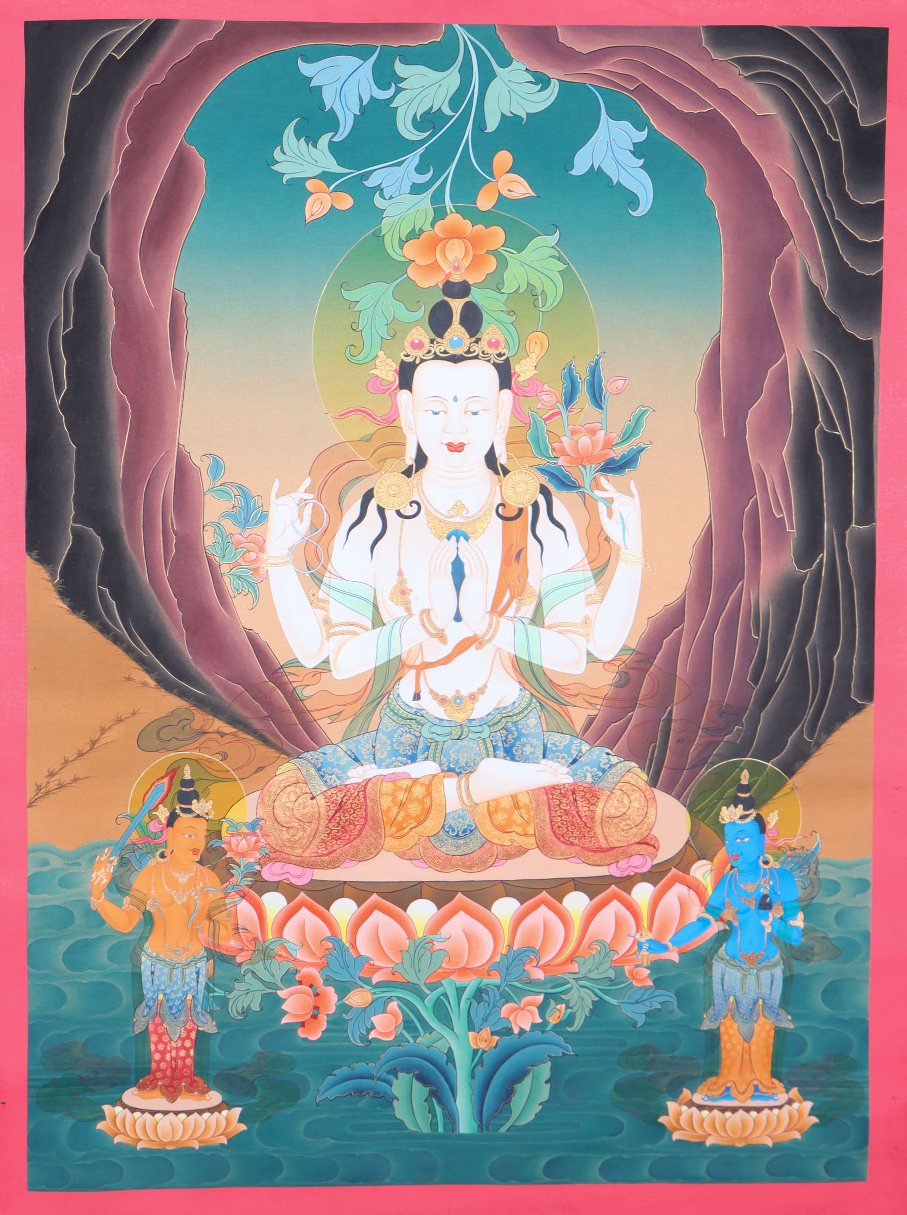 Chenrezig, the deity of compassion in Tibetan Buddhism, is beautifully depicted in this hand-painted Thangka made with natural mineral pigments. A spiritual and artistic piece, it serves as a reminder of compassion and a powerful aid for meditation and mindfulness.