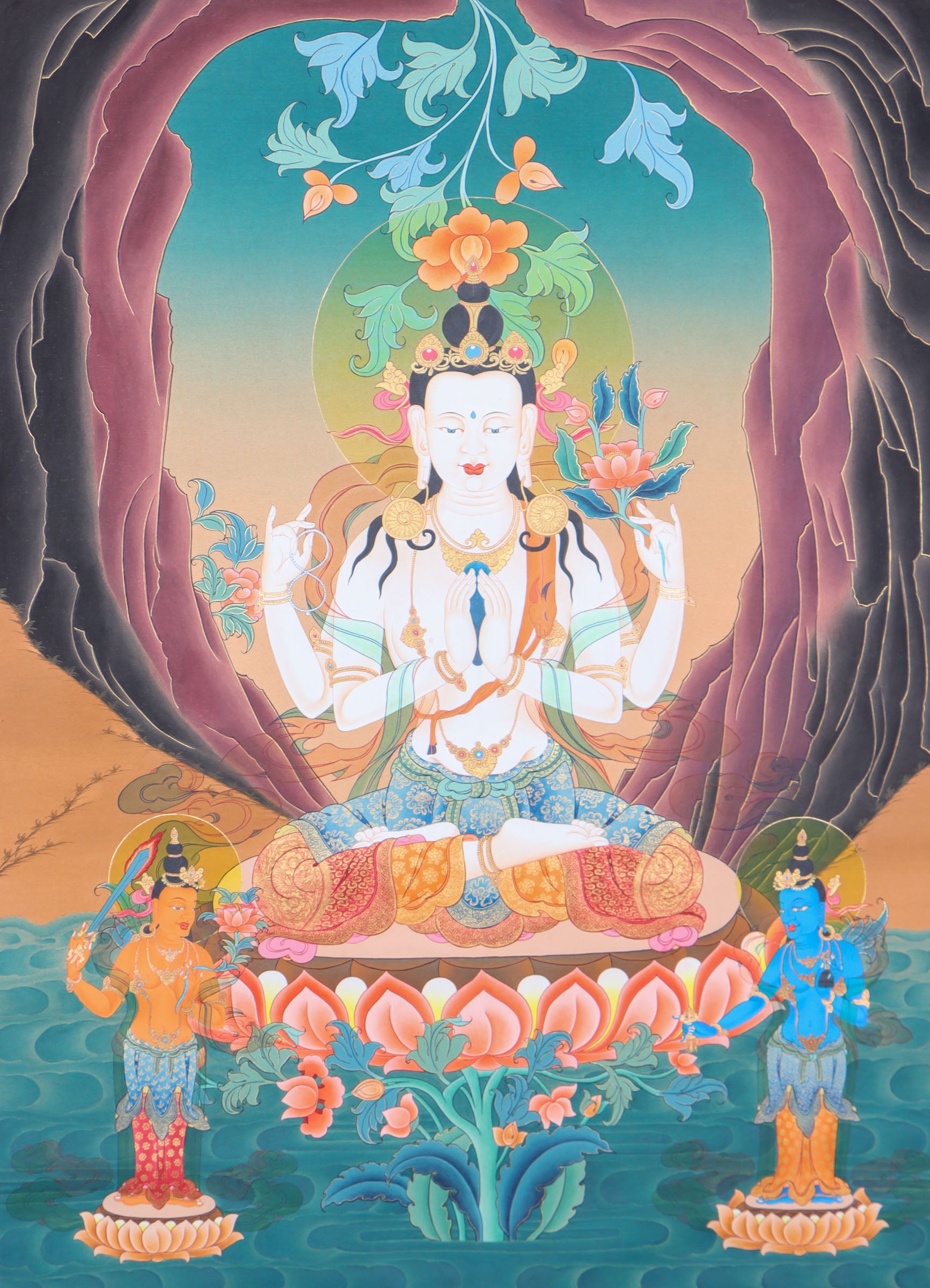Chenrezig, the deity of compassion in Tibetan Buddhism, is beautifully depicted in this hand-painted Thangka made with natural mineral pigments. A spiritual and artistic piece, it serves as a reminder of compassion and a powerful aid for meditation and mindfulness.