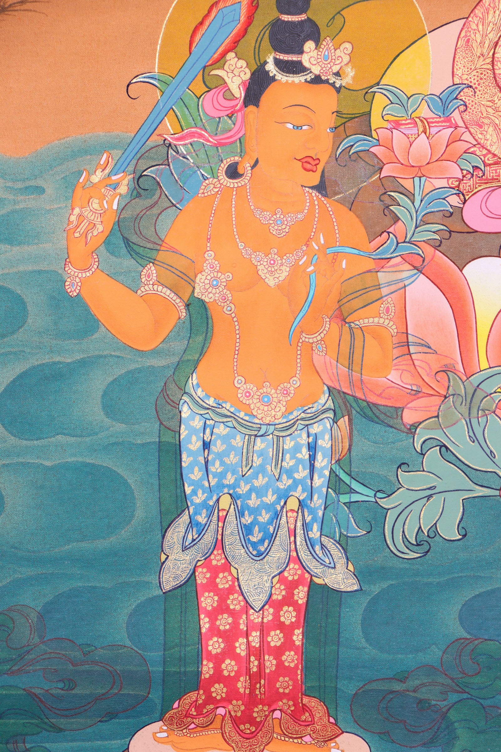 Chenrezig, the deity of compassion in Tibetan Buddhism, is beautifully depicted in this hand-painted Thangka made with natural mineral pigments. A spiritual and artistic piece, it serves as a reminder of compassion and a powerful aid for meditation and mindfulness.
