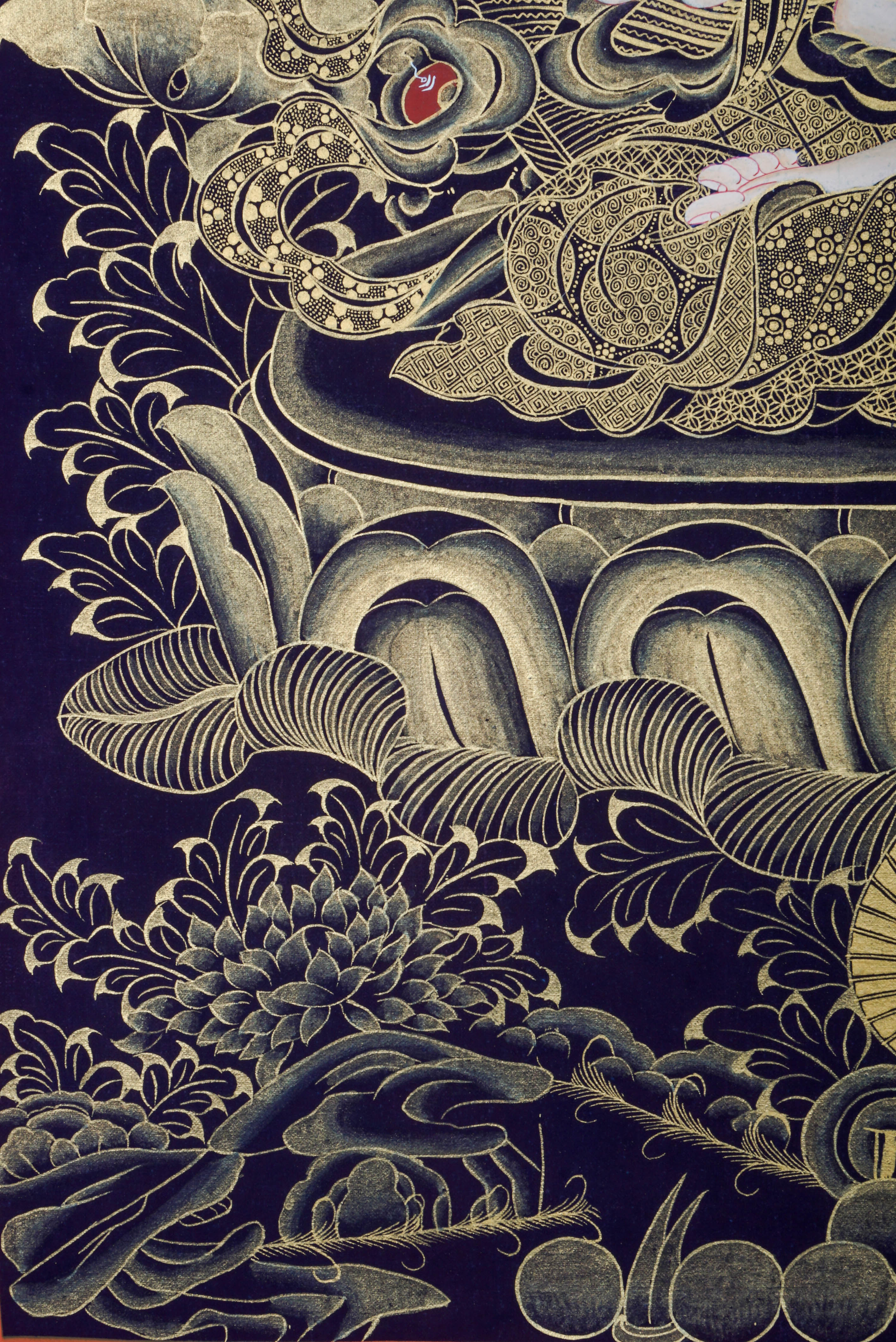 The Chengresi Thangka Painting portrays Chenrezig, the Bodhisattva of Compassion in Tibetan Buddhism, symbolizing love, healing, and kindness through sacred detail and traditional artistry.