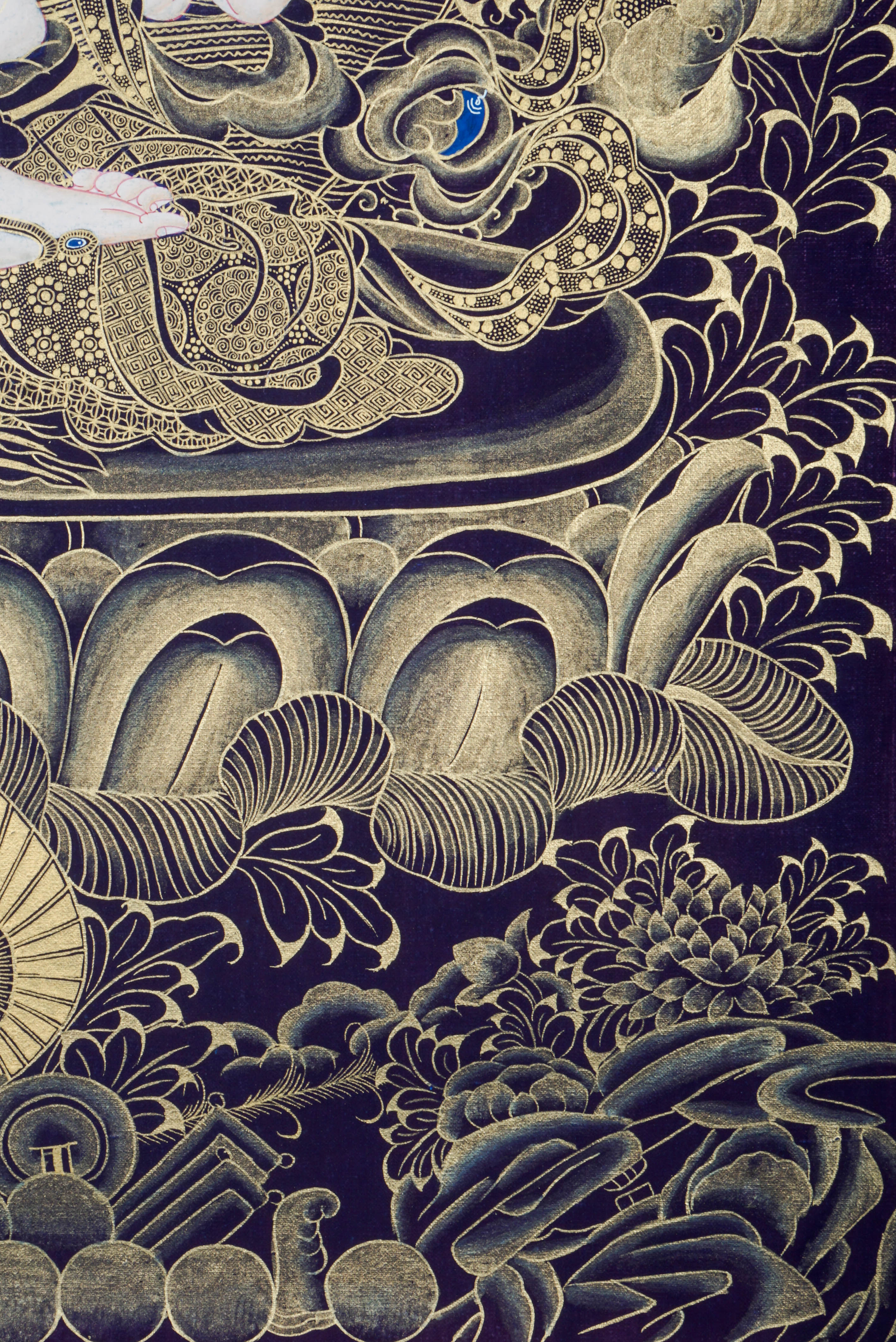 The Chengresi Thangka Painting portrays Chenrezig, the Bodhisattva of Compassion in Tibetan Buddhism, symbolizing love, healing, and kindness through sacred detail and traditional artistry.