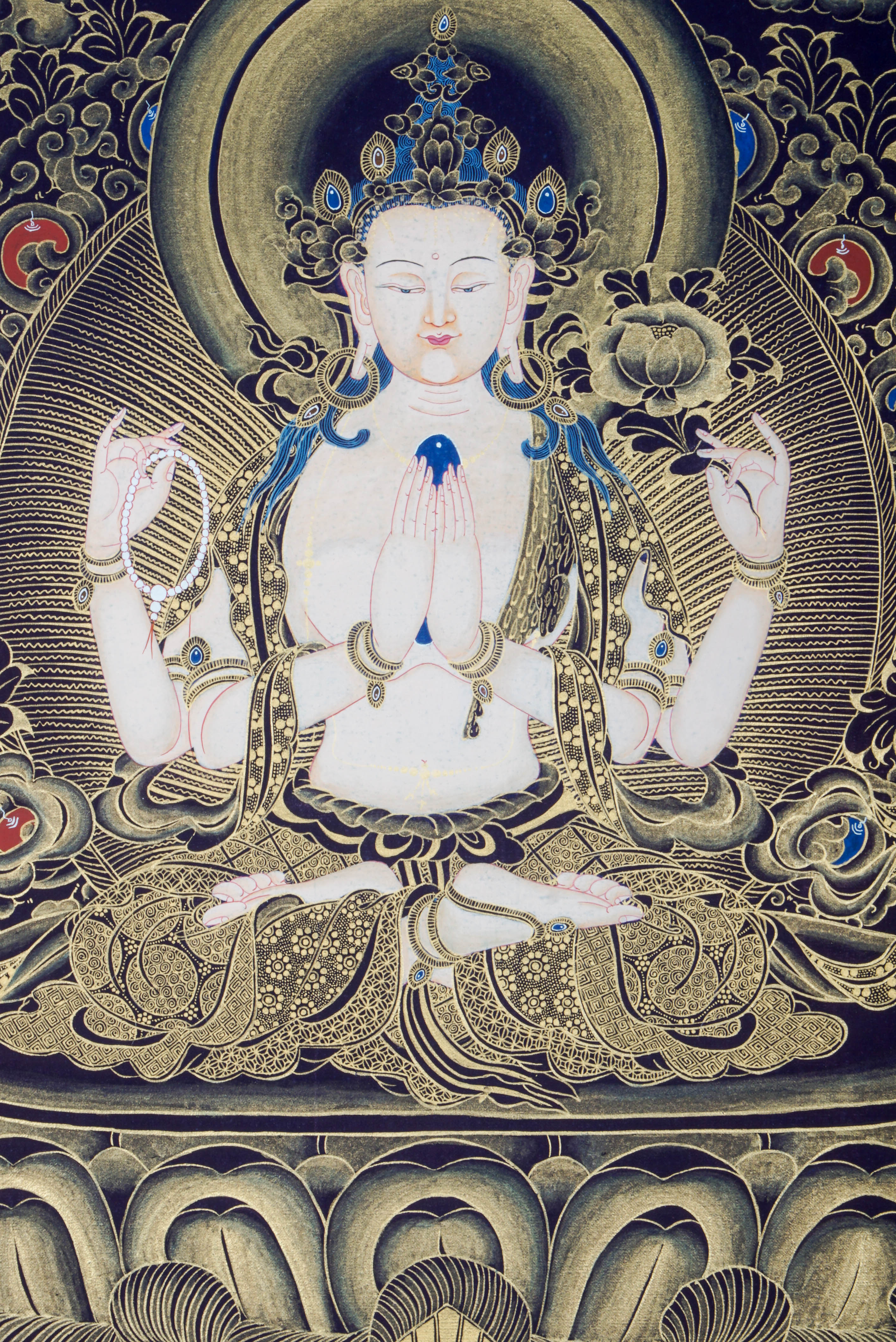 The Chengresi Thangka Painting portrays Chenrezig, the Bodhisattva of Compassion in Tibetan Buddhism, symbolizing love, healing, and kindness through sacred detail and traditional artistry.