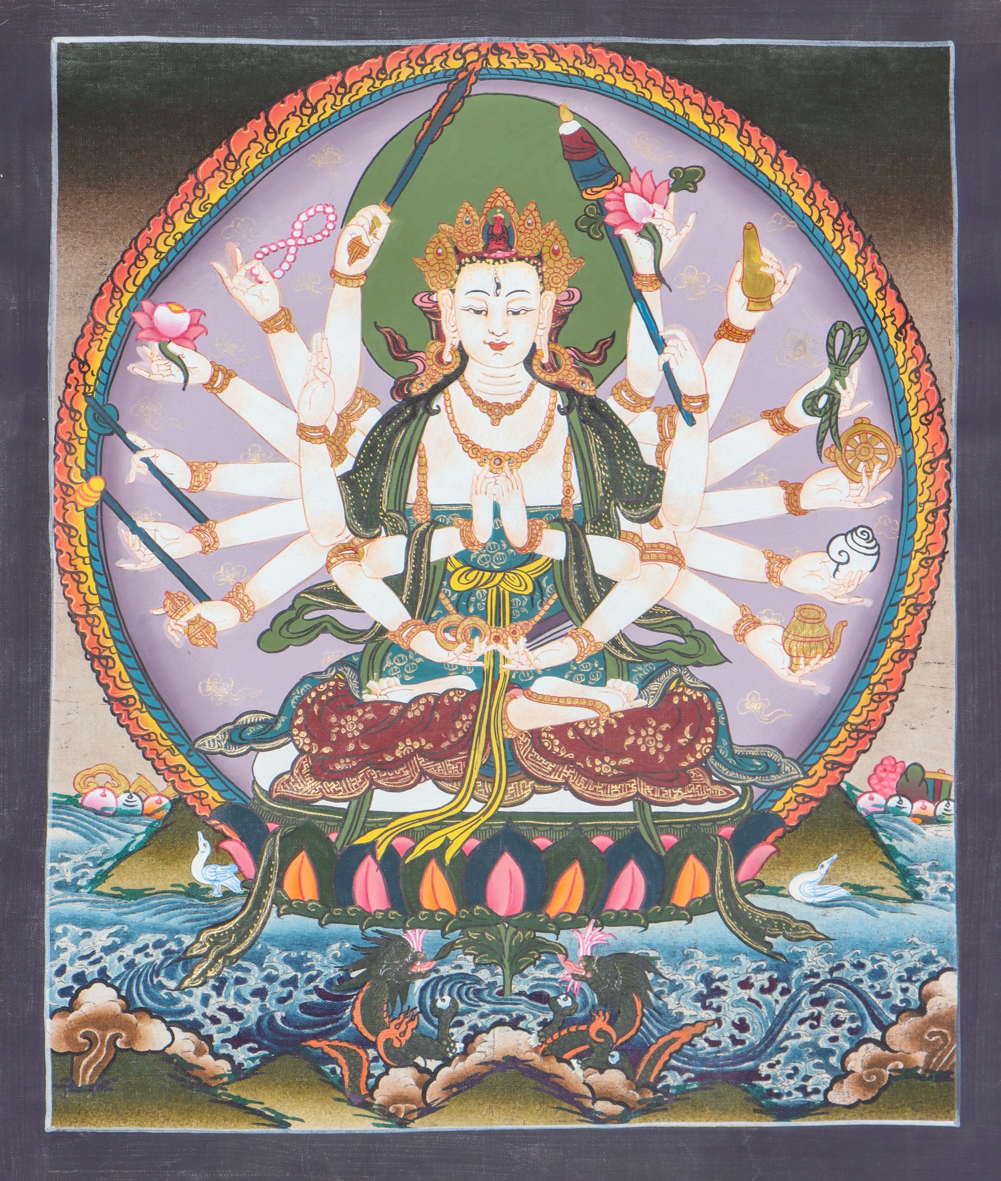 This genuine Tibetan Thangka painting of Chundi, also known as Cundi, beautifully captures the bodhisattva’s compassionate and protective energy in traditional Buddhist art. Hand-painted using natural mineral pigments, this Buddhist Thangka radiates spiritual wisdom and is perfect for deepening your meditation or sacred space.