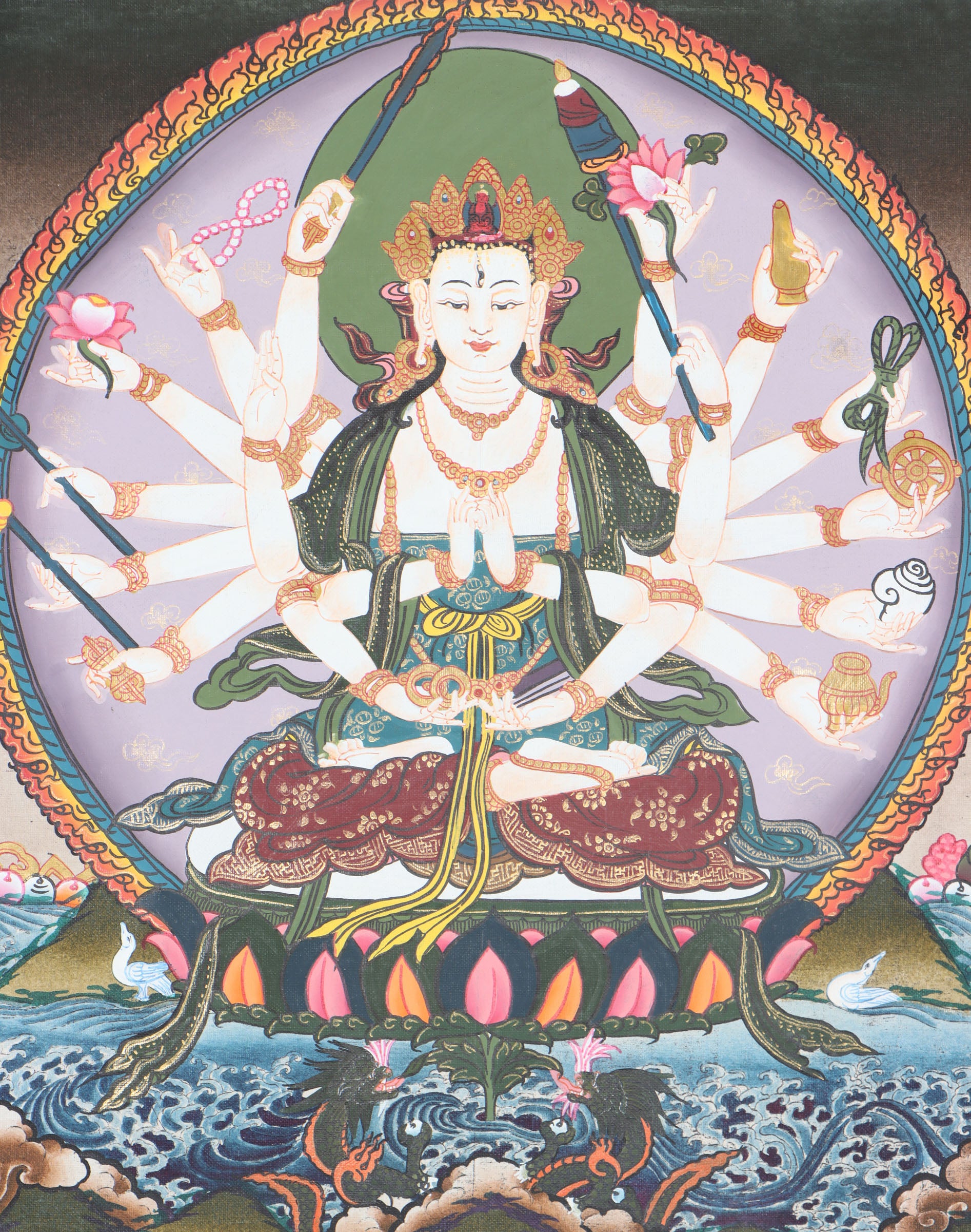 This genuine Tibetan Thangka painting of Chundi, also known as Cundi, beautifully captures the bodhisattva’s compassionate and protective energy in traditional Buddhist art. Hand-painted using natural mineral pigments, this Buddhist Thangka radiates spiritual wisdom and is perfect for deepening your meditation or sacred space.