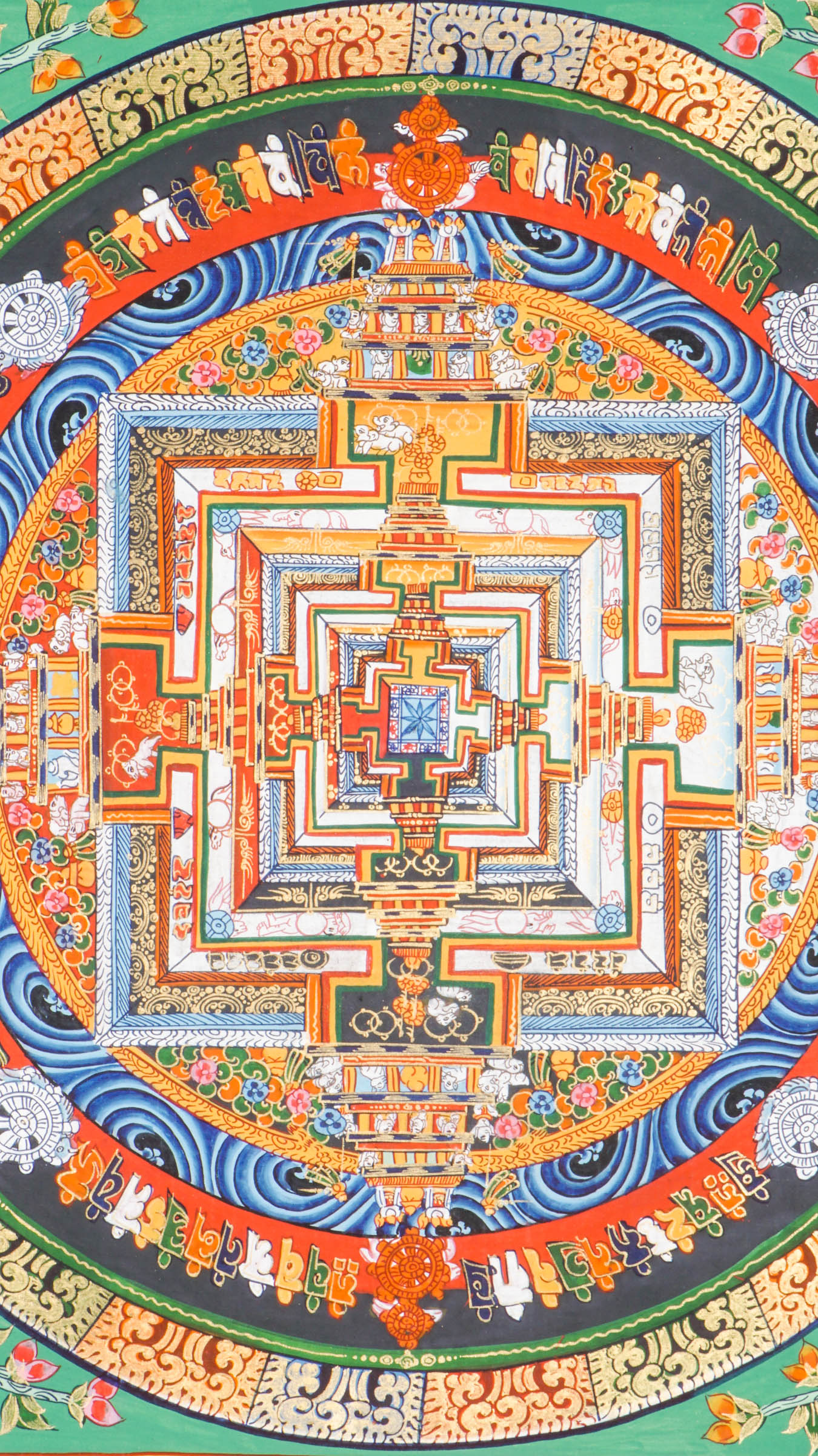 Tibetan Buddhist Thangka painting of the Kalachakra Mandala, showing the geometric representation of Buddhist cosmology. Hand-painted with mineral pigments on cotton canvas according to traditional methods. Used for meditation practice and tantric study in Vajrayana Buddhism. 