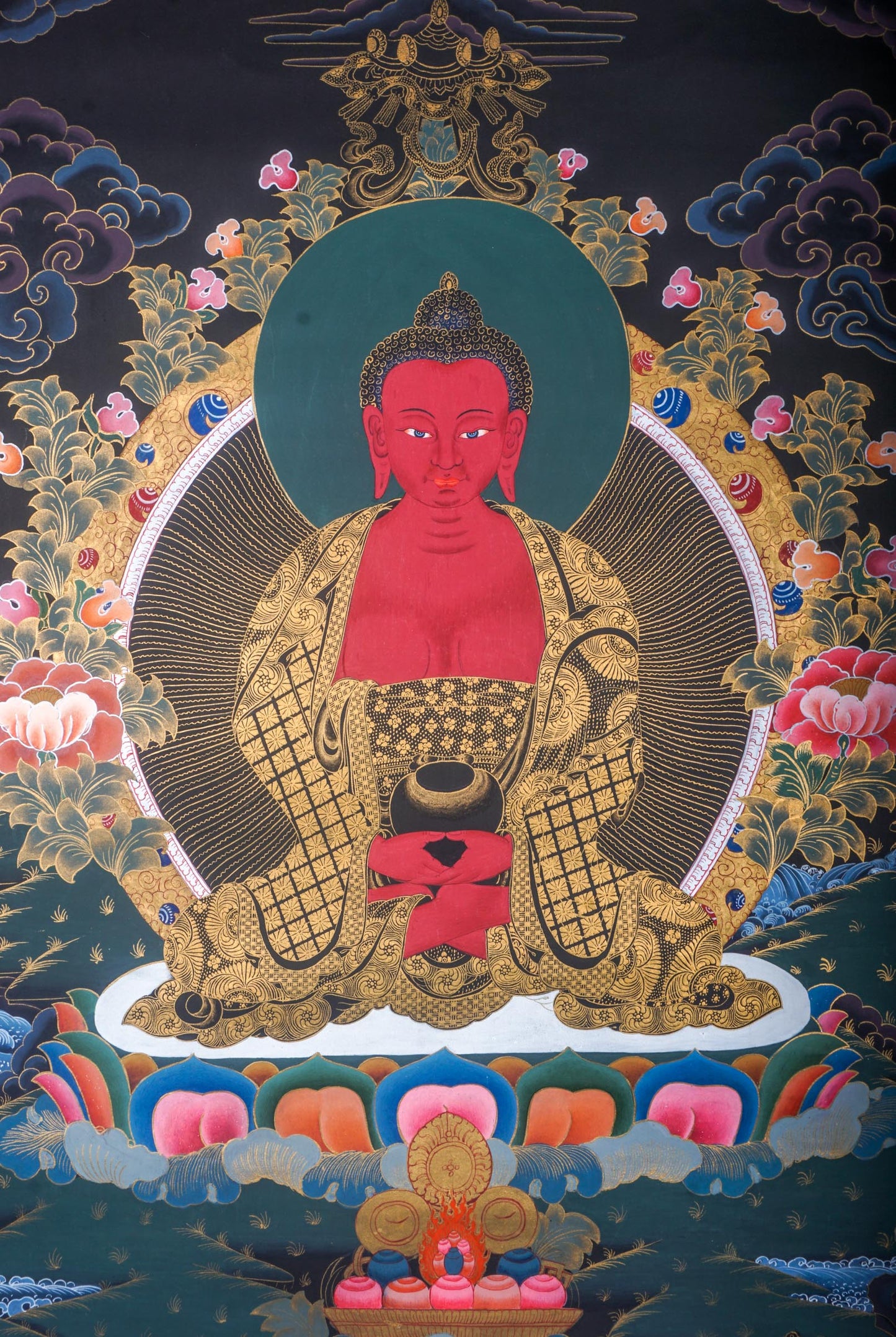 Handmade Thangka Painting of Amitabha Buddha for longevity and spiritual scenes.