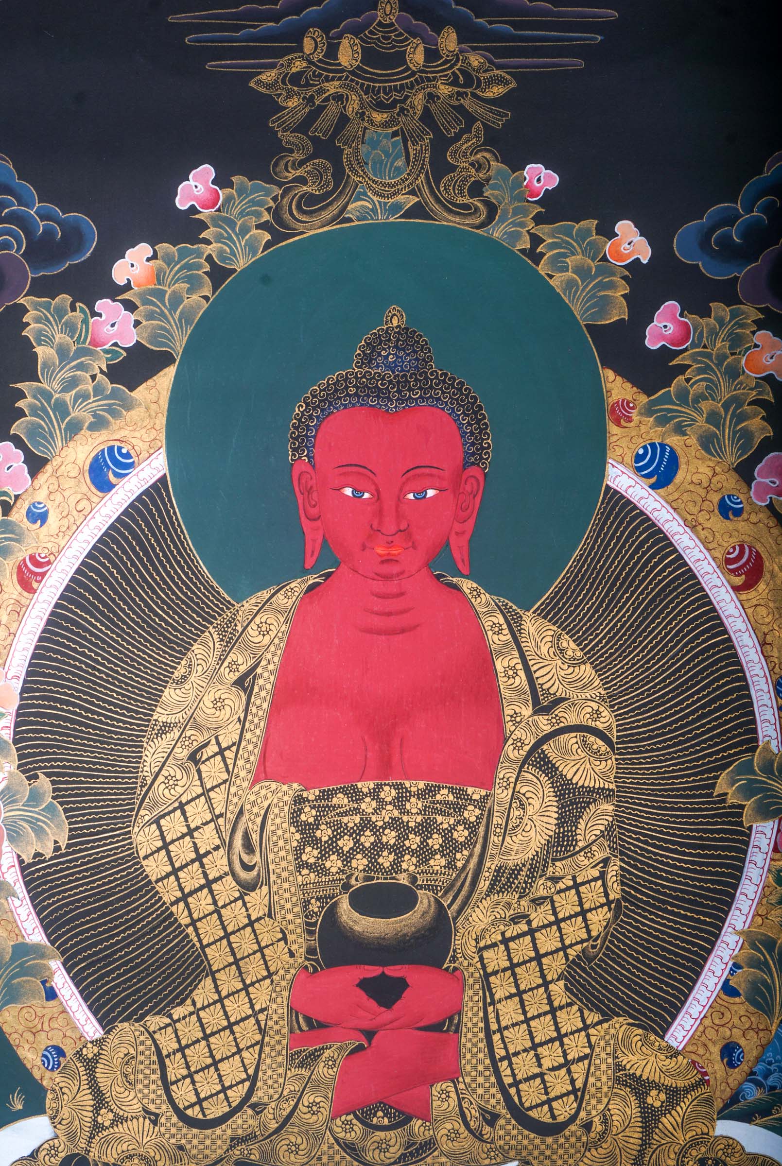 Handmade Thangka Painting of Amitabha Buddha for longevity and spiritual scenes.