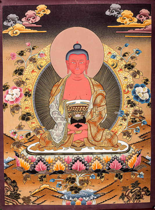 Handmade Thangka Painting of Amitabha Buddha for religious and spiritual practices.