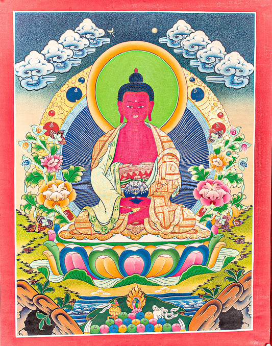 The Thangka painting of Amitabha Buddha, a revered figure, is a serene and reflective artwork that embodies spiritual significance and visual splendor.