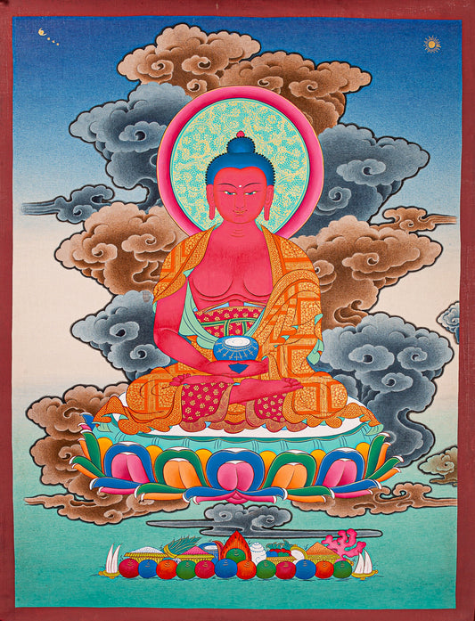 This exquisite Thangka painting of Amitabha Buddha can be used as Wall hanging decor in a home shrine.