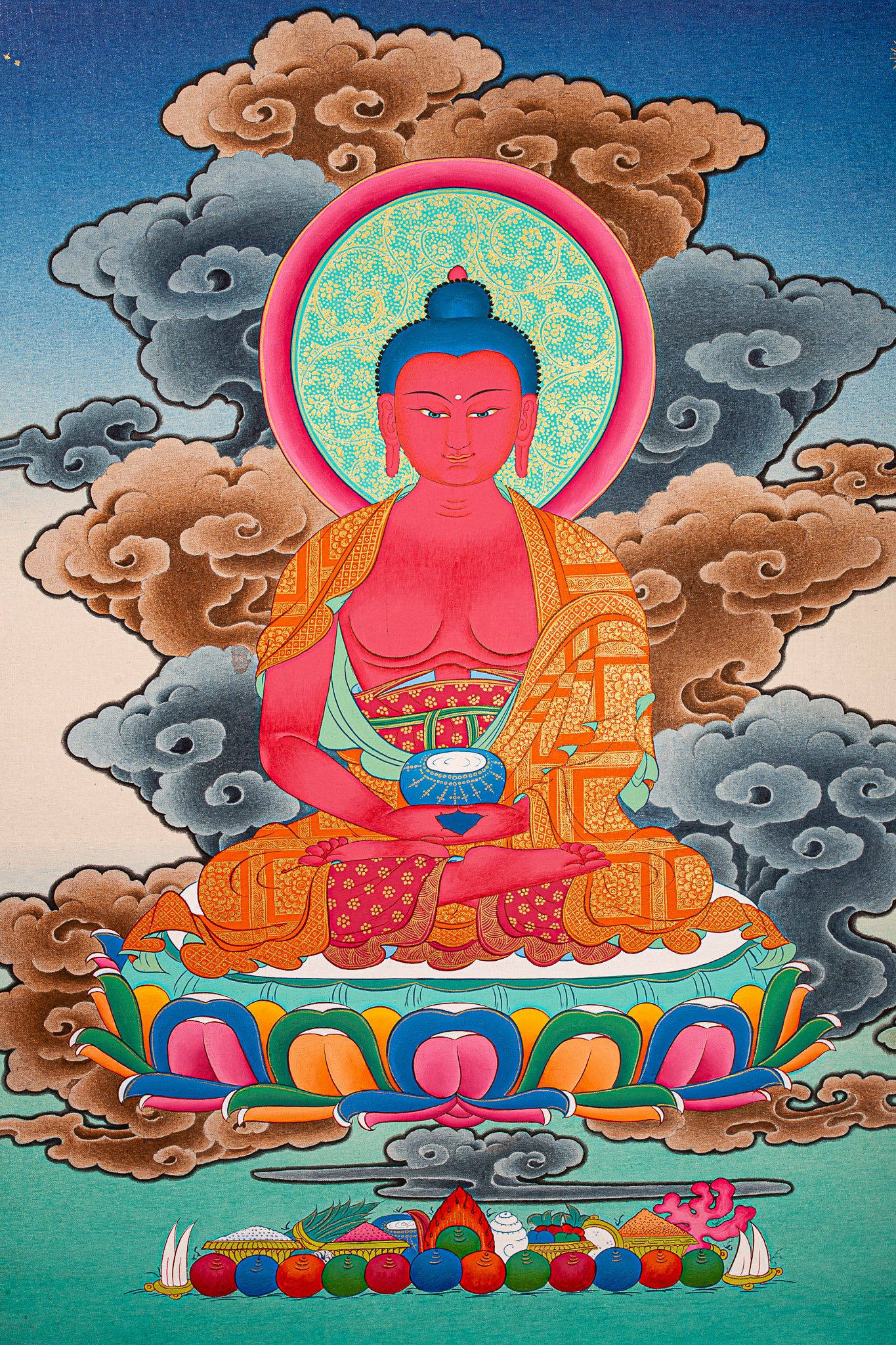 This exquisite Thangka painting of Amitabha Buddha can be used as Wall hanging decor in a home shrine.