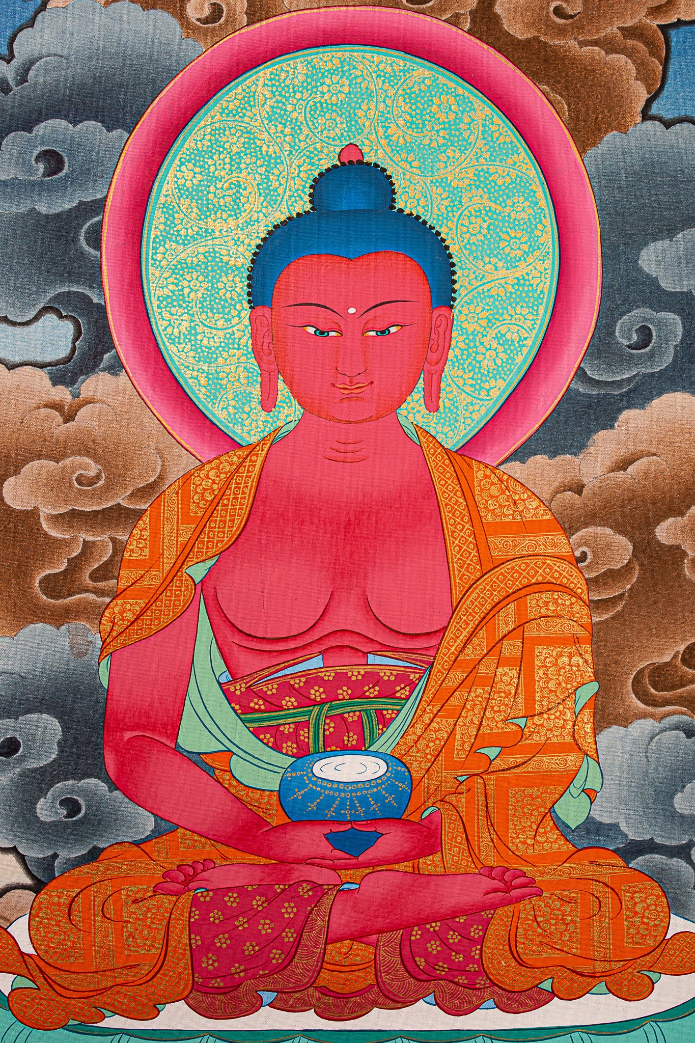 This exquisite Thangka painting of Amitabha Buddha can be used as Wall hanging decor in a home shrine.