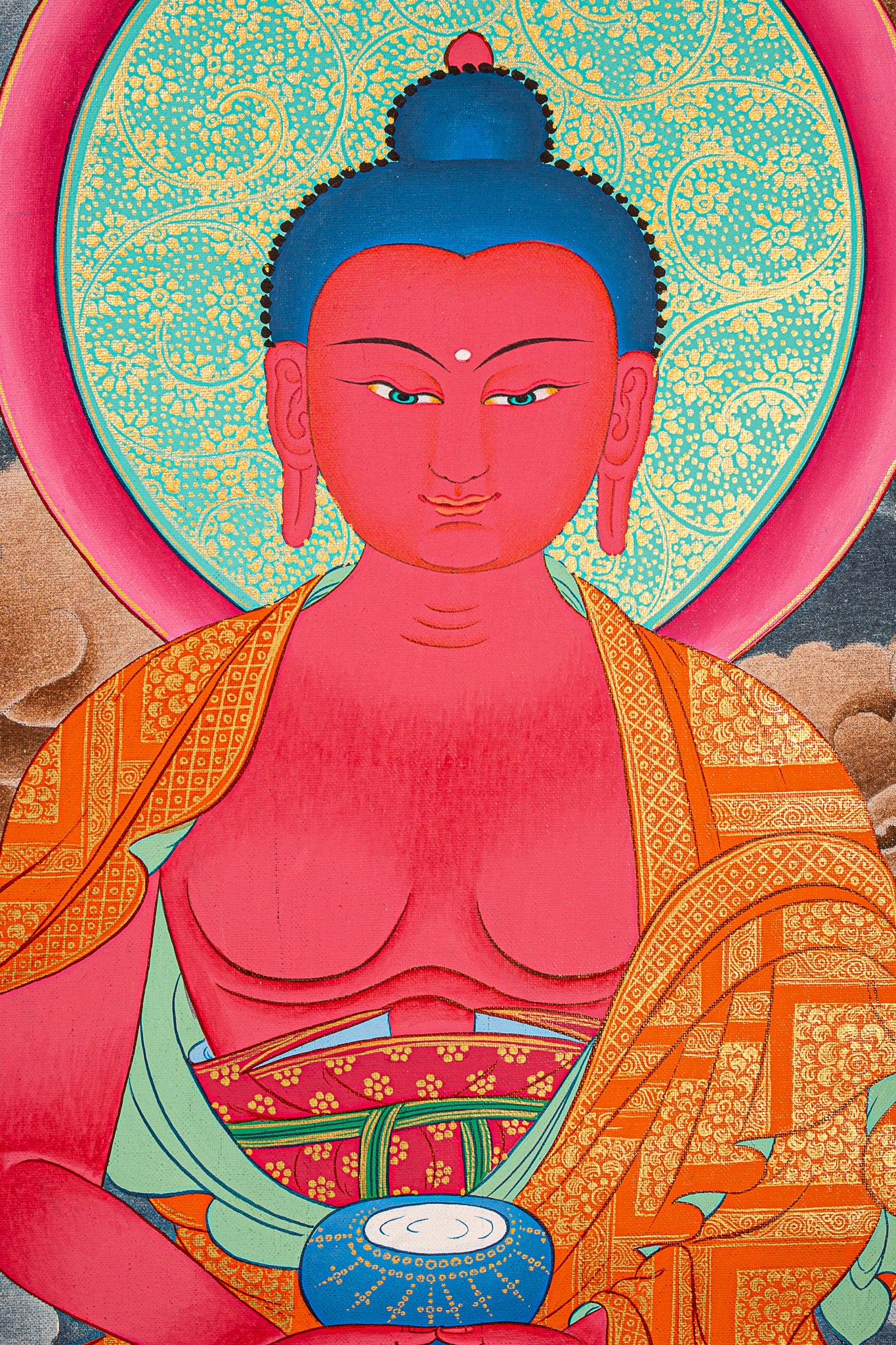 This exquisite Thangka painting of Amitabha Buddha can be used as Wall hanging decor in a home shrine.