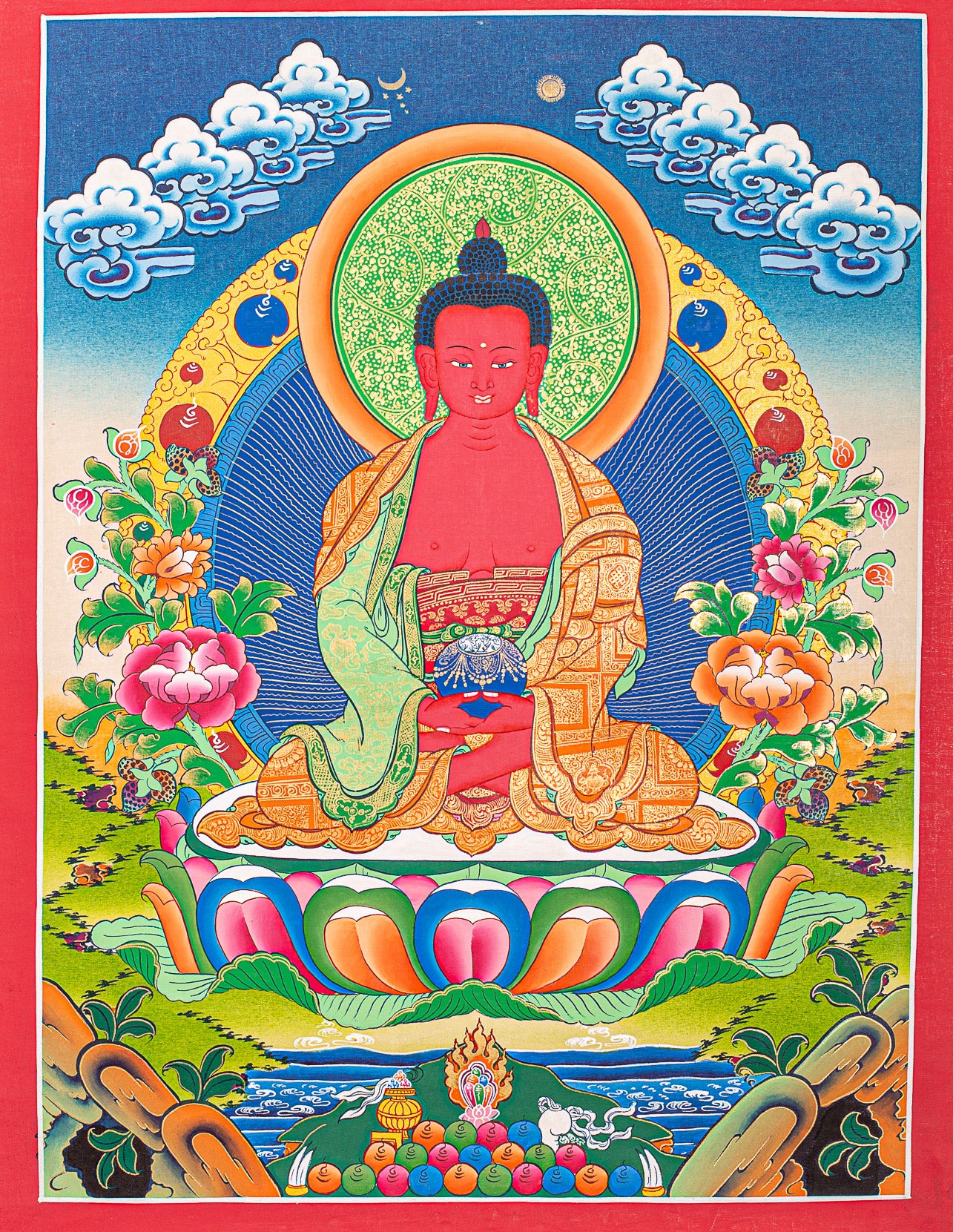 Amitabha Buddha Thangka Painting - A meditational Altar.