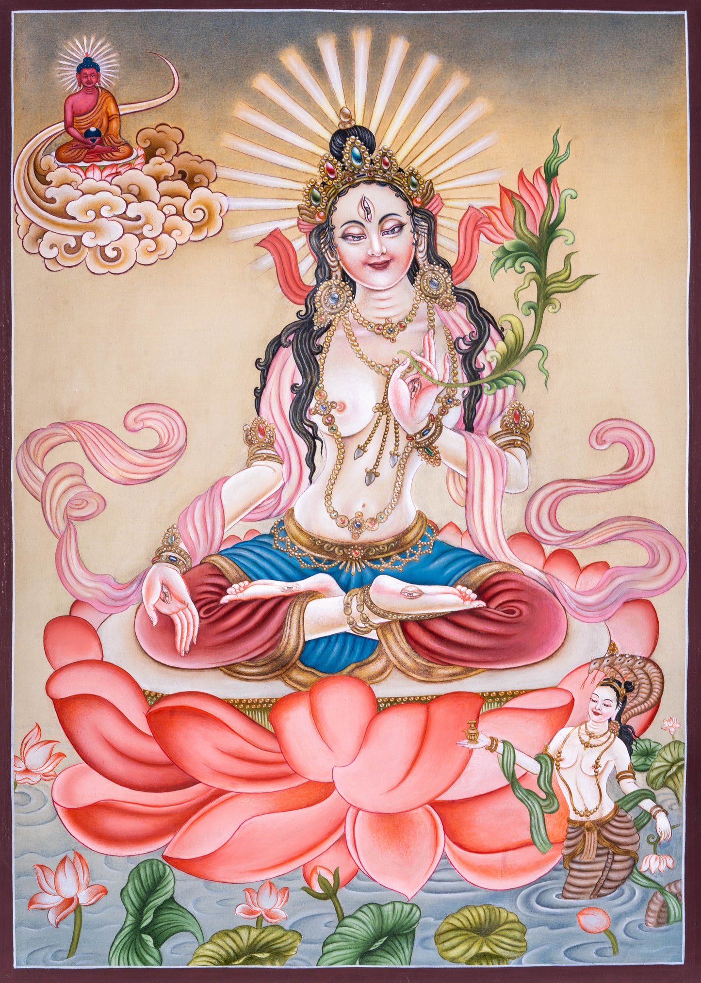 The hand-painted White Tara Thangka is a sacred figure in Tibetan Buddhism, symbolize her heavenly blessings and divine purity. 