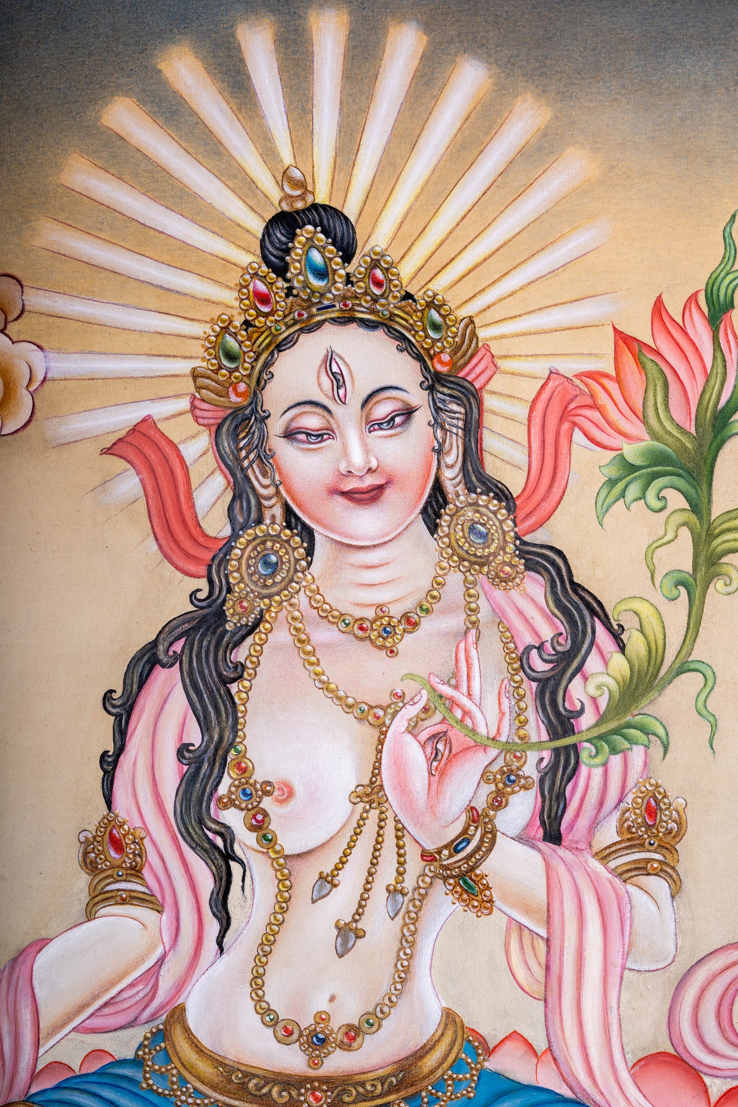 The hand-painted White Tara Thangka is a sacred figure in Tibetan Buddhism, symbolize her heavenly blessings and divine purity.