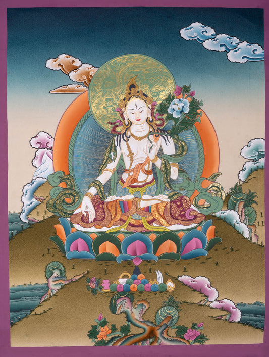 The White Tara Thangka Painting is a ideal for invoking tranquility and enlightenment in your home or sacred space.