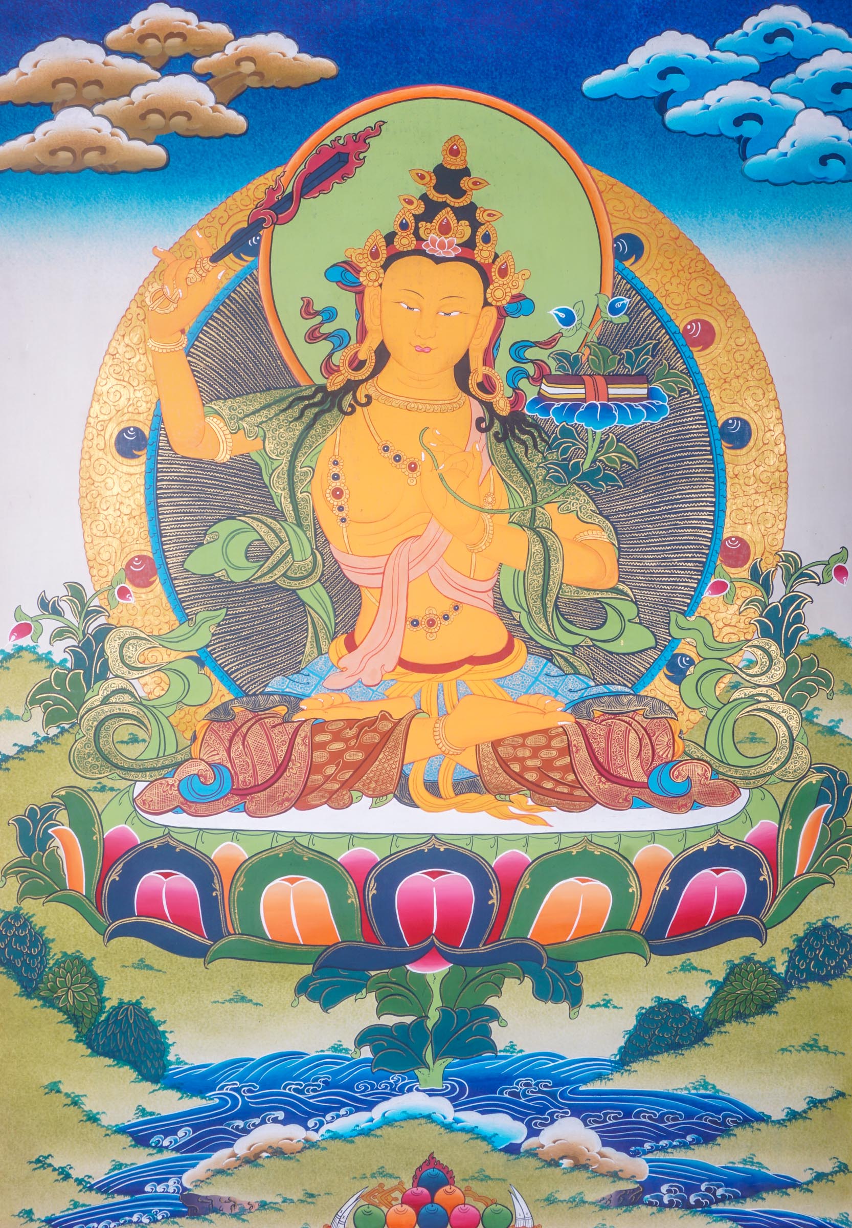 The Handmade Manjushri Thangka Painting is an ideal tool for meditation and home decor