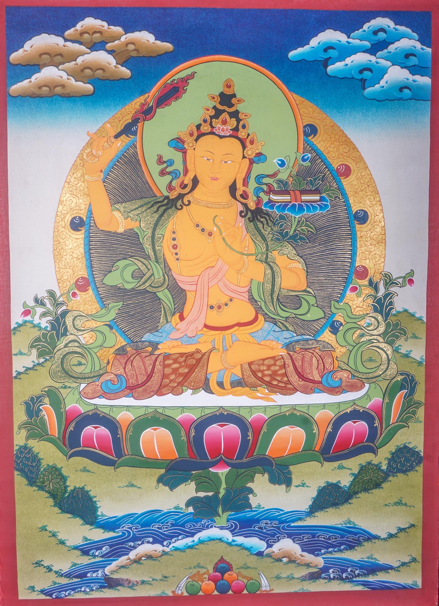 The Handmade Manjushri Thangka Painting is an ideal tool for meditation and home decor