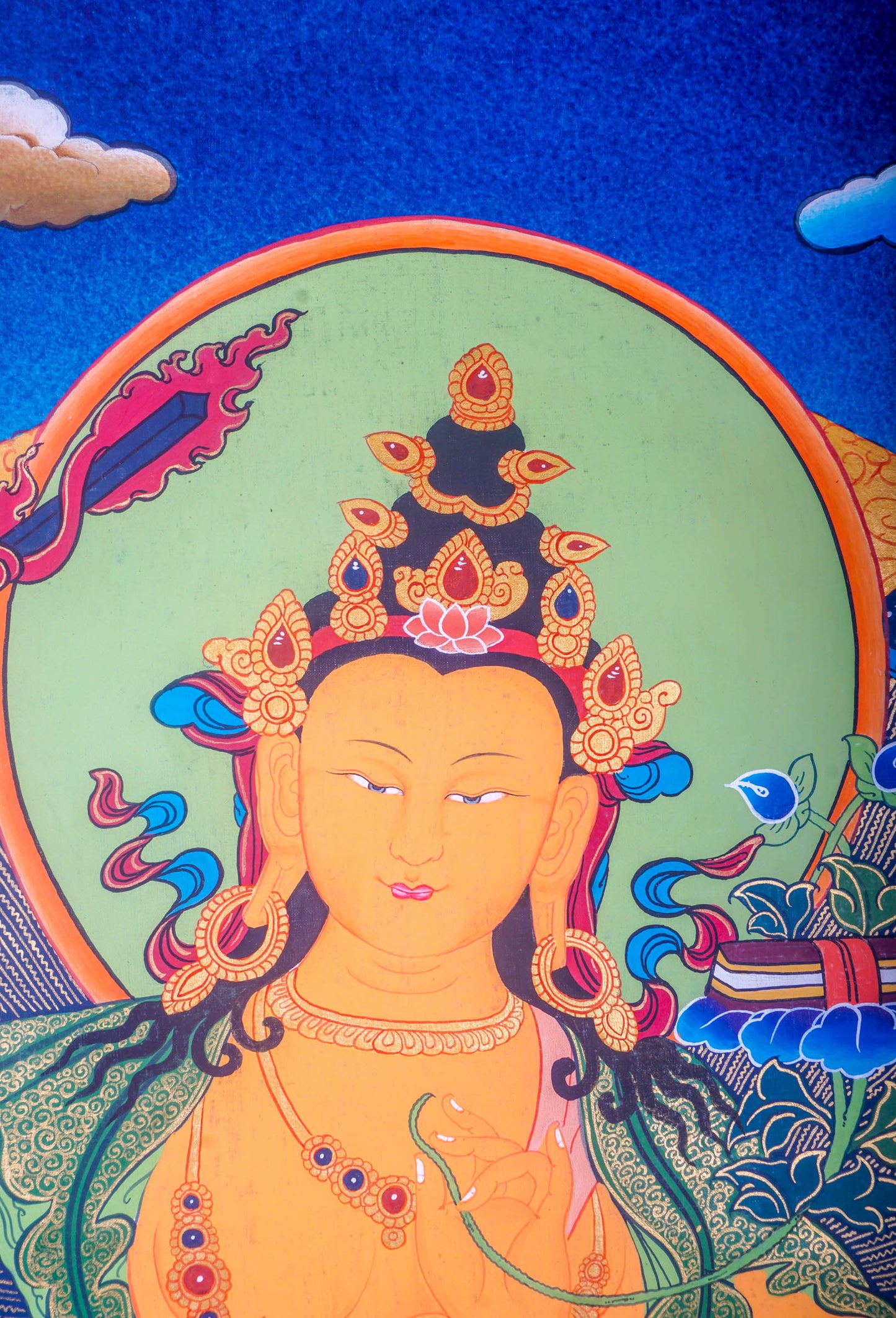 The Handmade Manjushri Thangka Painting is an ideal tool for meditation and home decor