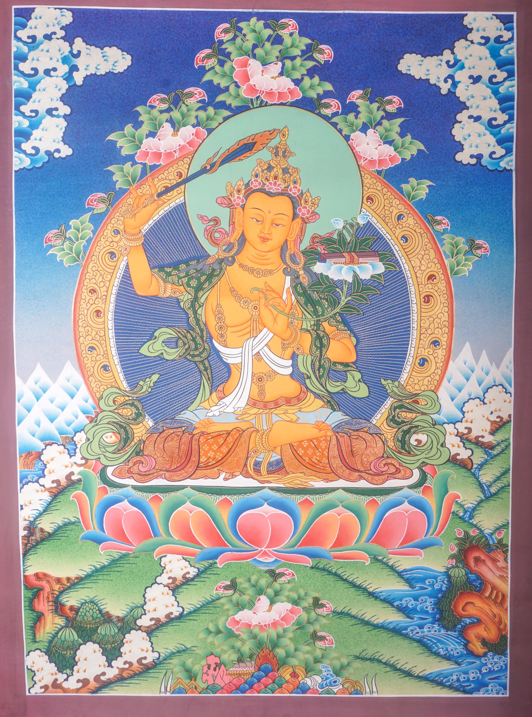  Handmade Manjushri Thangka Painting for spiritual tool for Religious practices.