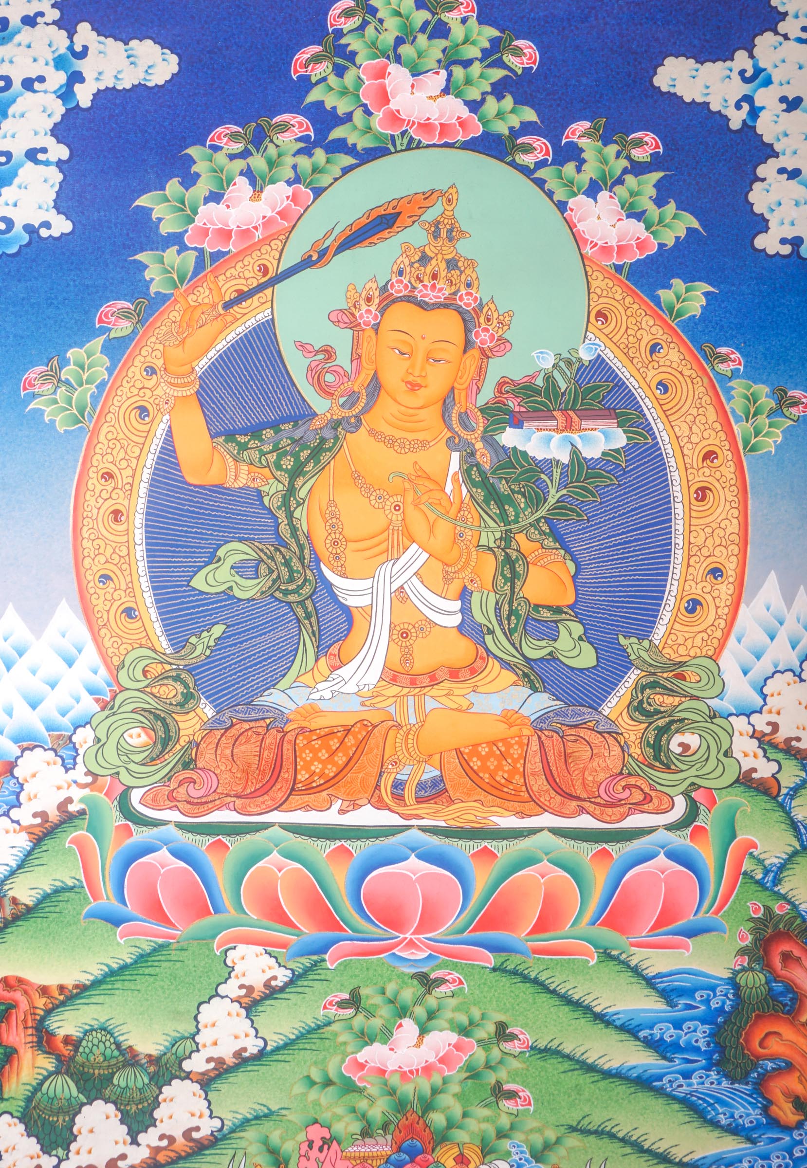 Handmade Manjushri Thangka Painting for spiritual tool for Religious practices.