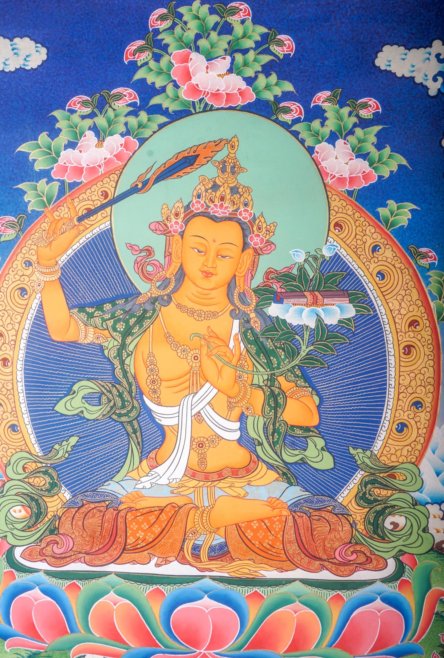 Handmade Manjushri Thangka Painting for spiritual tool for Religious practices.