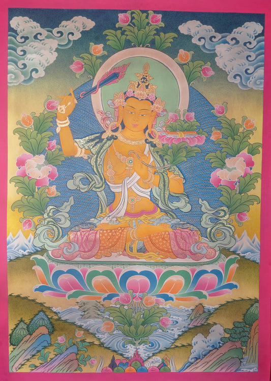 Handmade Manjushri Thangka paintings as a religious tool and spiritual aid.