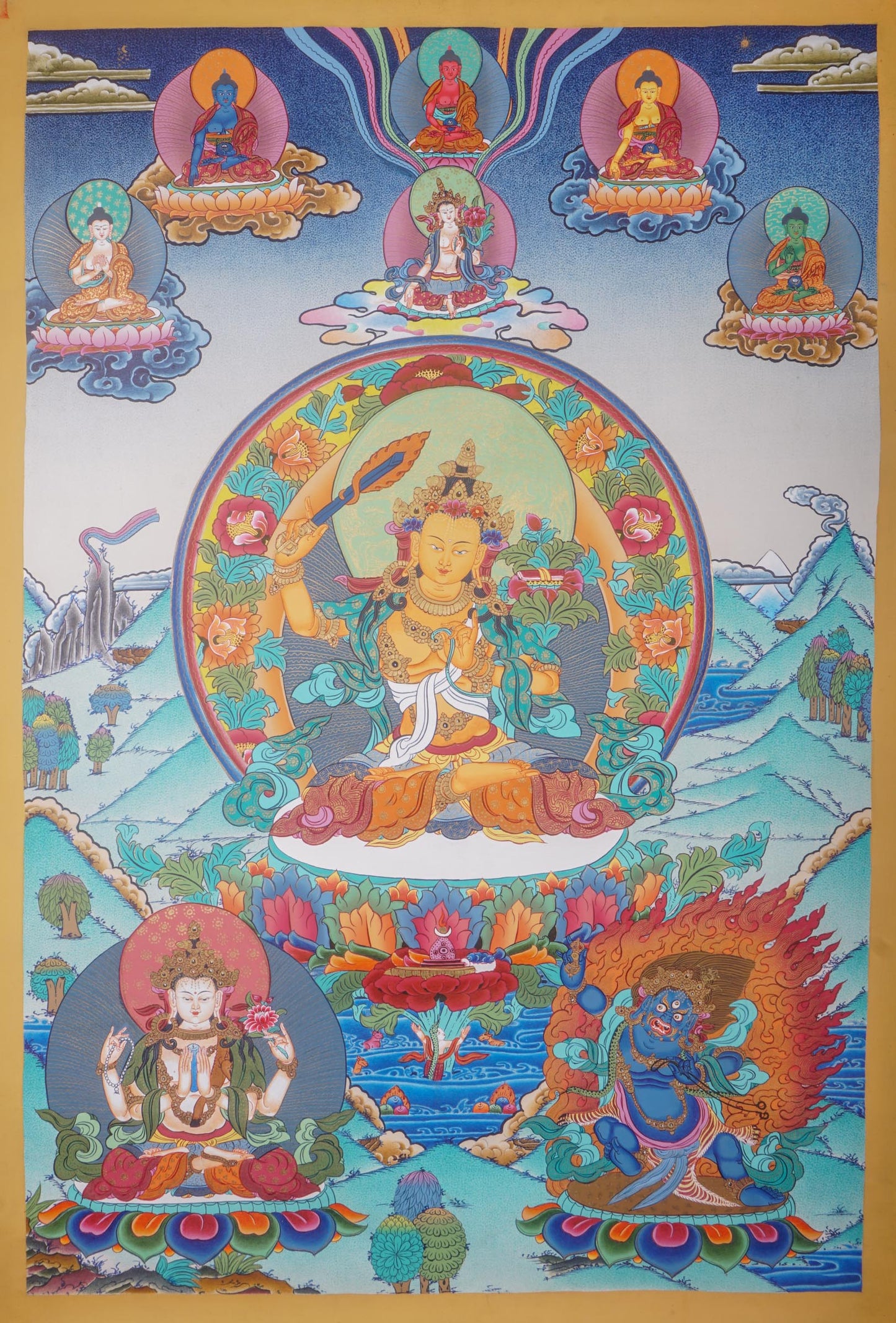 The handcrafted Manjushri Thangka Painting is a traditional artwork for spiritual seekers.