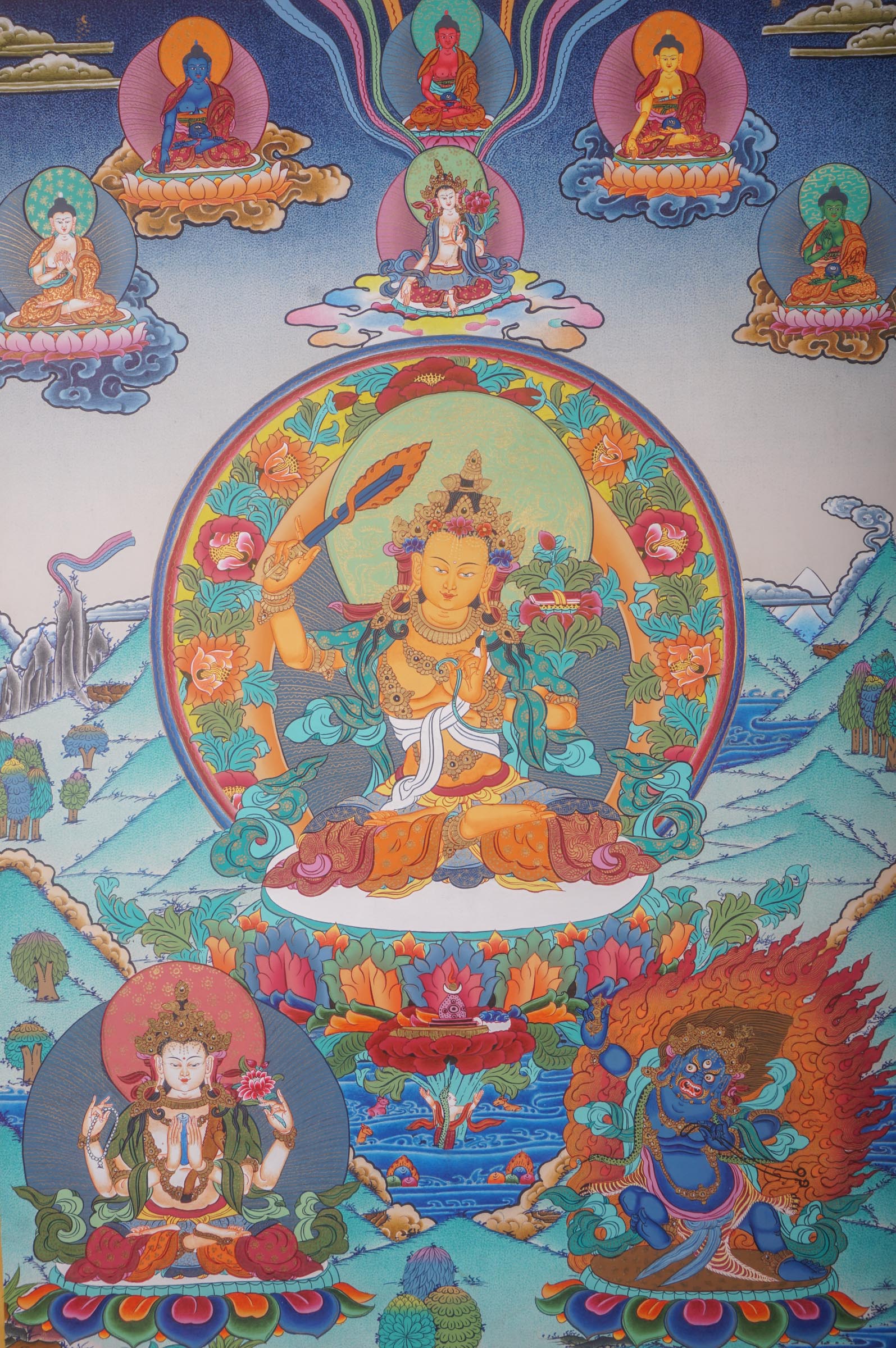 The handcrafted Manjushri Thangka Painting is a traditional artwork for spiritual seekers.