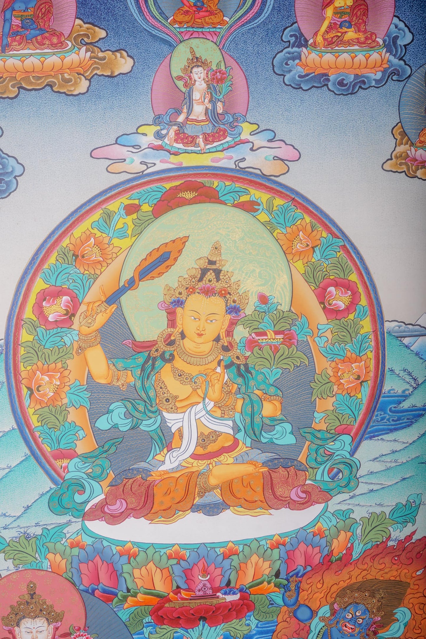 The handcrafted Manjushri Thangka Painting is a traditional artwork for spiritual seekers.