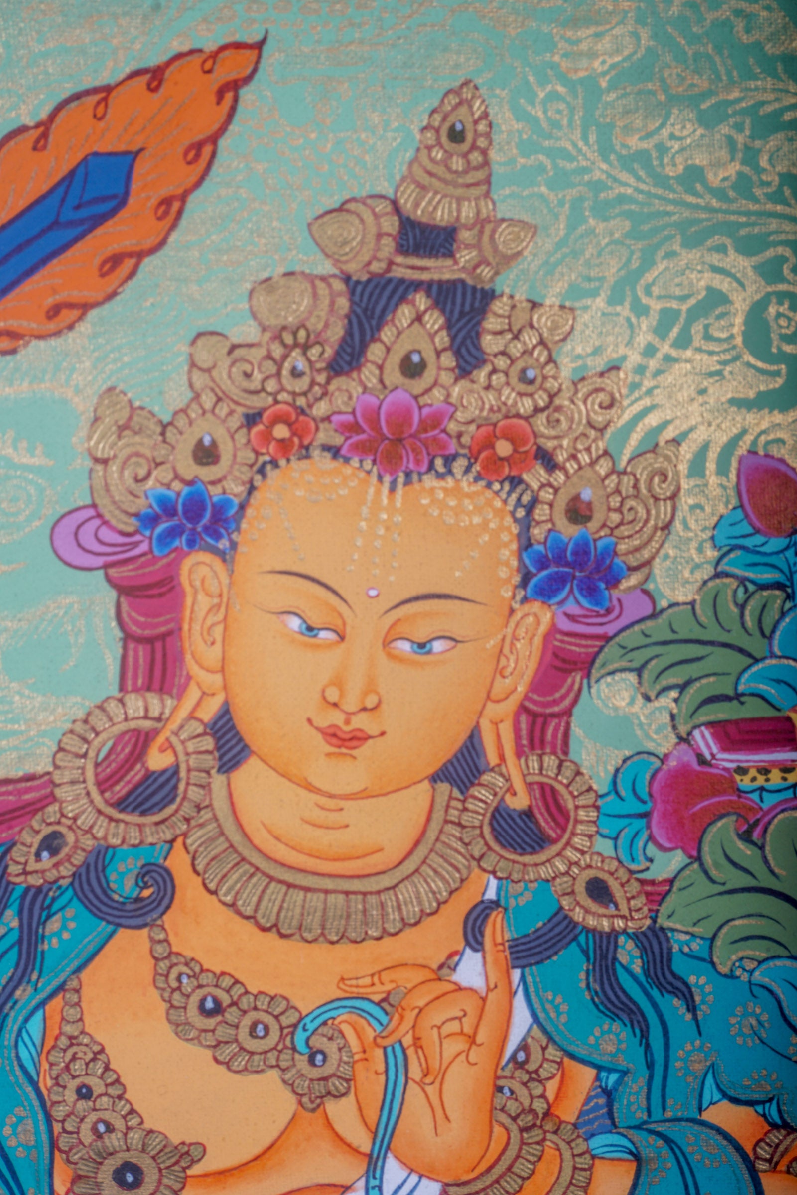 The handcrafted Manjushri Thangka Painting is a traditional artwork for spiritual seekers.