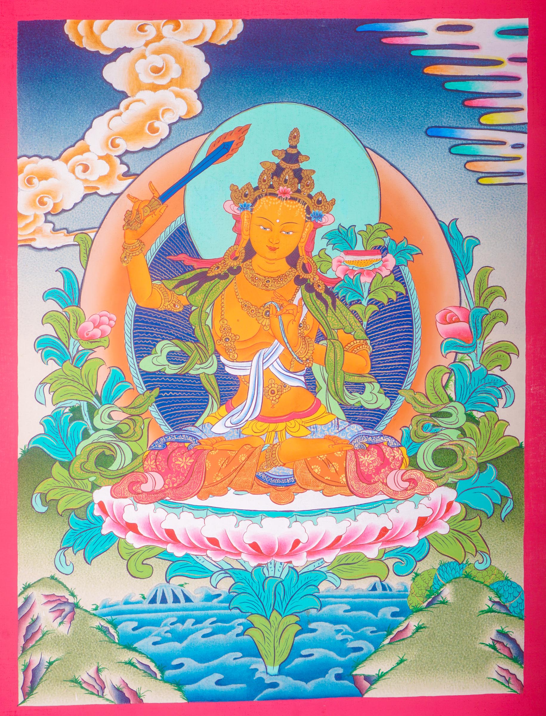 The Manjushri Thangka Painting showcases precision and vividness in the depiction of discernment and enlightenment.