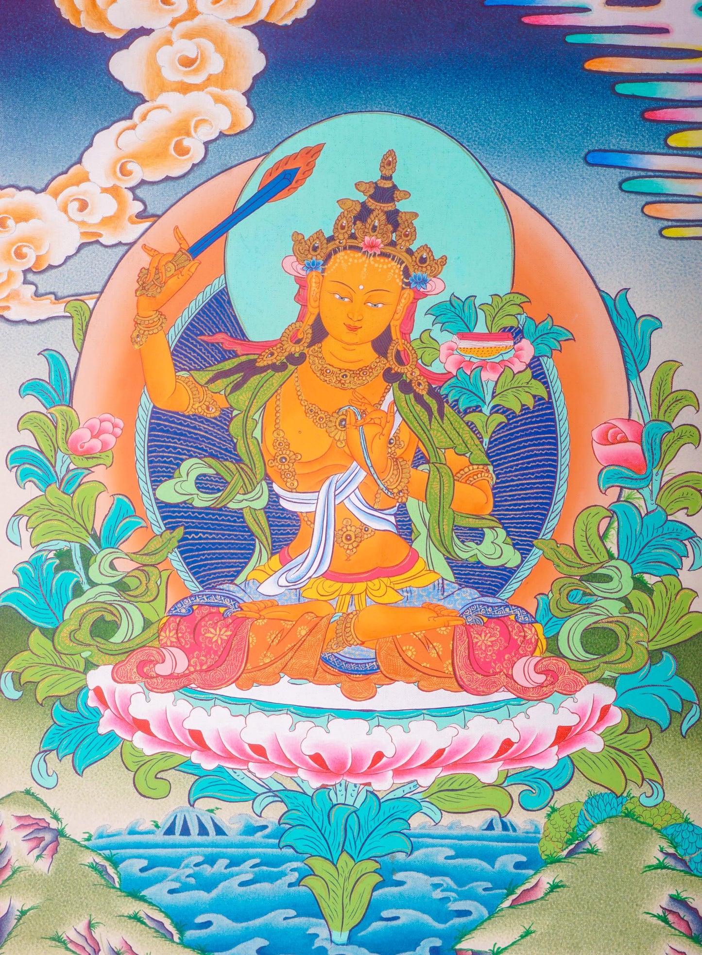 The Manjushri Thangka Painting showcases precision and vividness in the depiction of discernment and enlightenment.