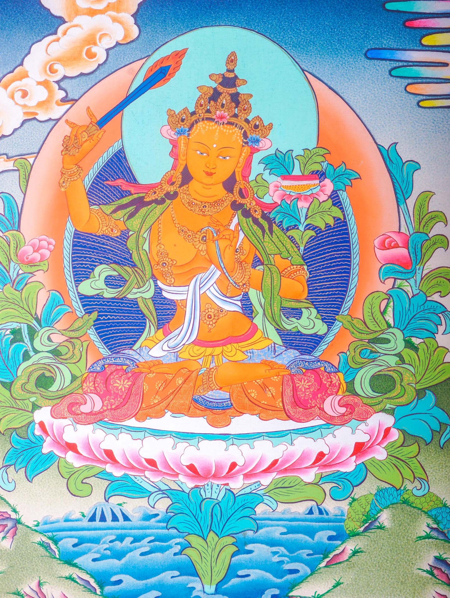 The Manjushri Thangka Painting showcases precision and vividness in the depiction of discernment and enlightenment.