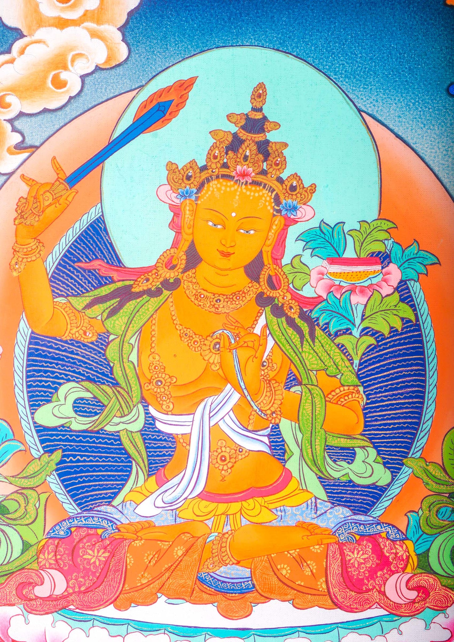 The Manjushri Thangka Painting showcases precision and vividness in the depiction of discernment and enlightenment.