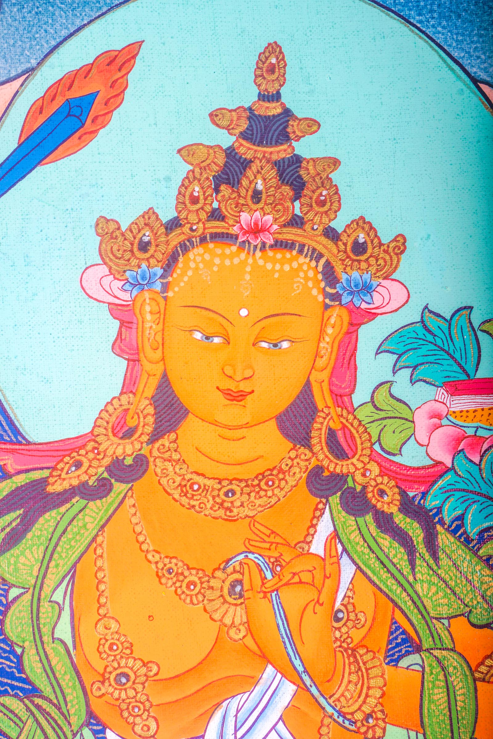 The Manjushri Thangka Painting showcases precision and vividness in the depiction of discernment and enlightenment.