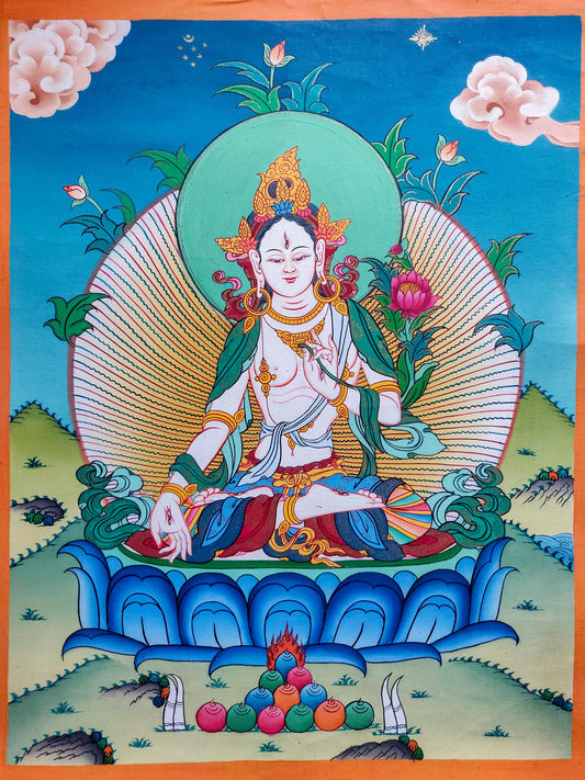 This White Tara Thangka Painting is perfect for bringing peace and enlightenment into your home or other holy location.