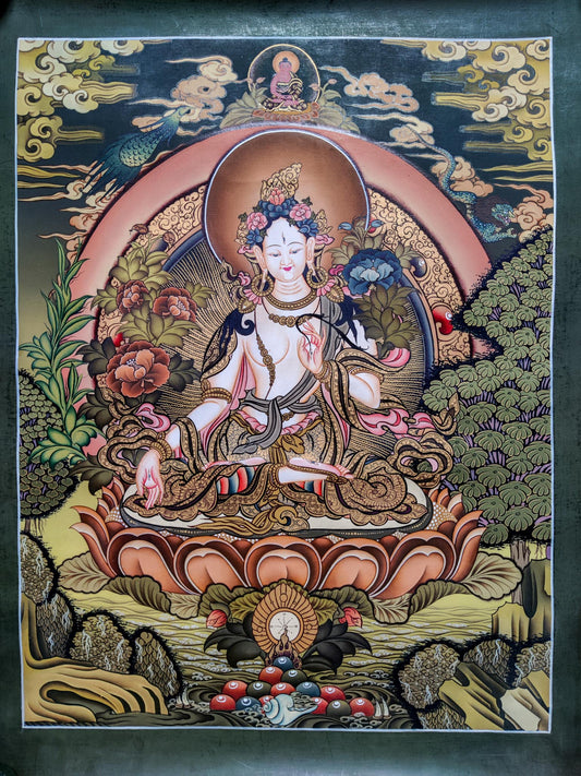 This White Tara Thangka Painting is ideal for establishing serenity and enlightenment in your home or other sacred space.