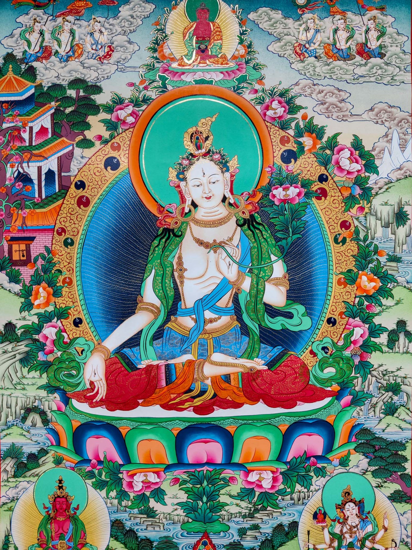 The White Thangka Painting is hand-painted in 24k gold leaf accents, as a sign of heavenly blessings and purity.