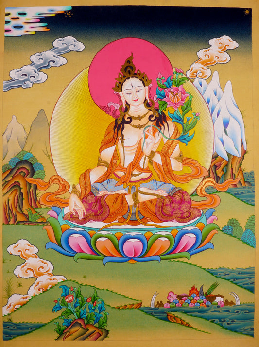 The White Tara Thangka Painting is a beautiful art symbolizing peace and is ideal for encouraging serenity and enlightenment in your home or sacred area. 