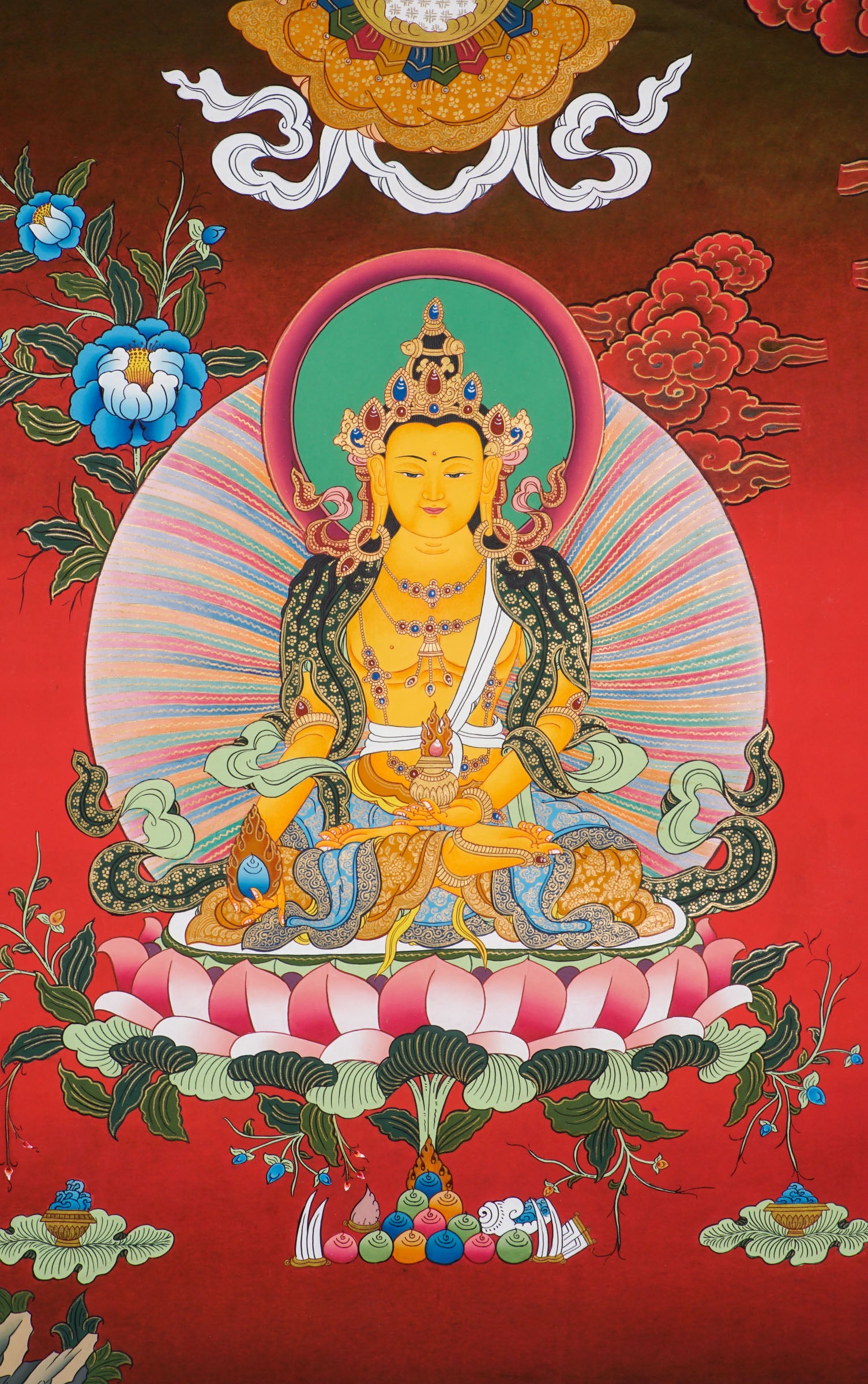 Ksitigarbha Bodhisattva Thangka – Red Background, Hand-Painted Tibetan Art