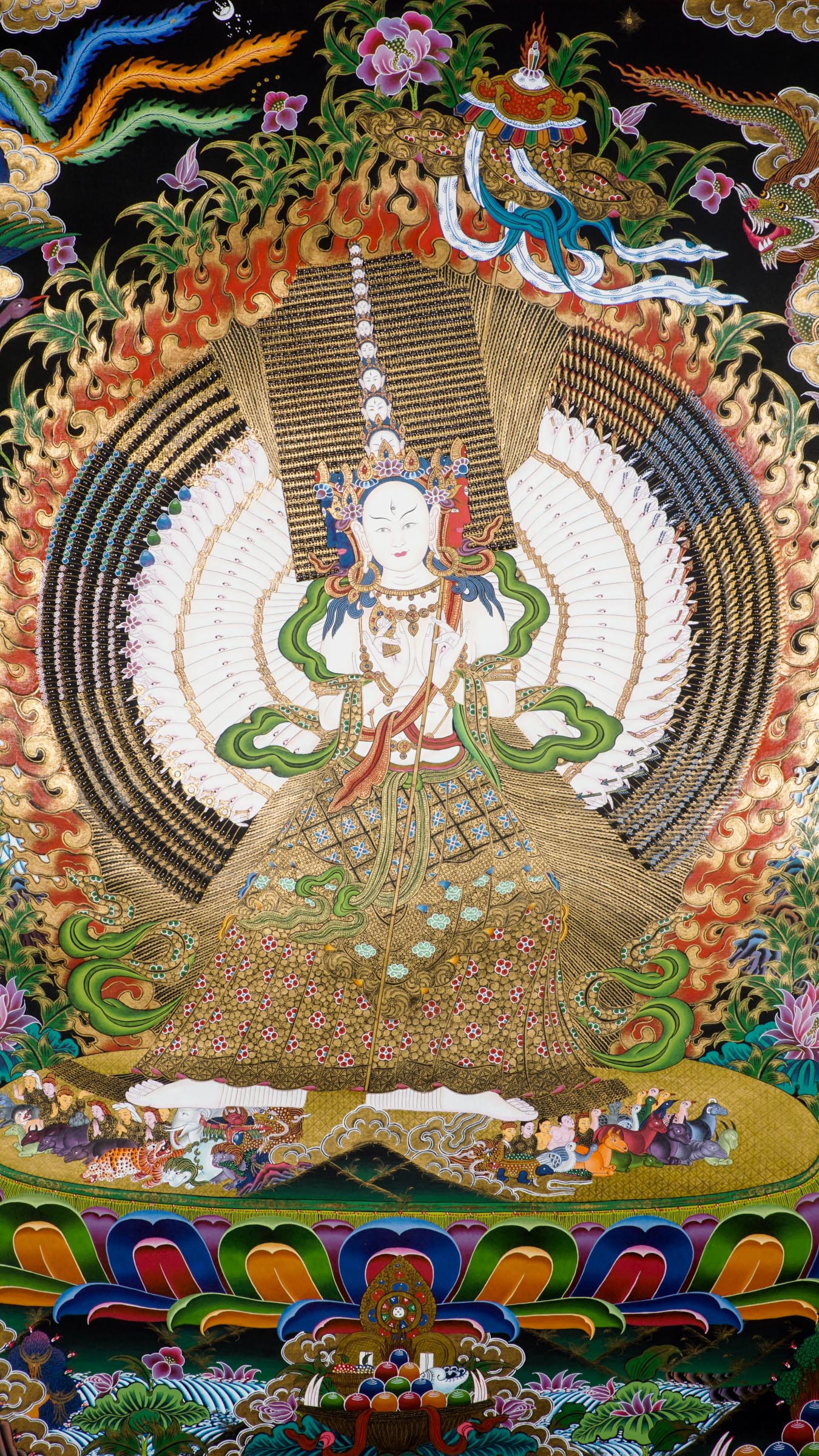Dhukkar thangka -  a sacred art with thousand heads, arms, and legs, each palm bearing an eye that represents all-encompassing wisdom and spiritual insight. 