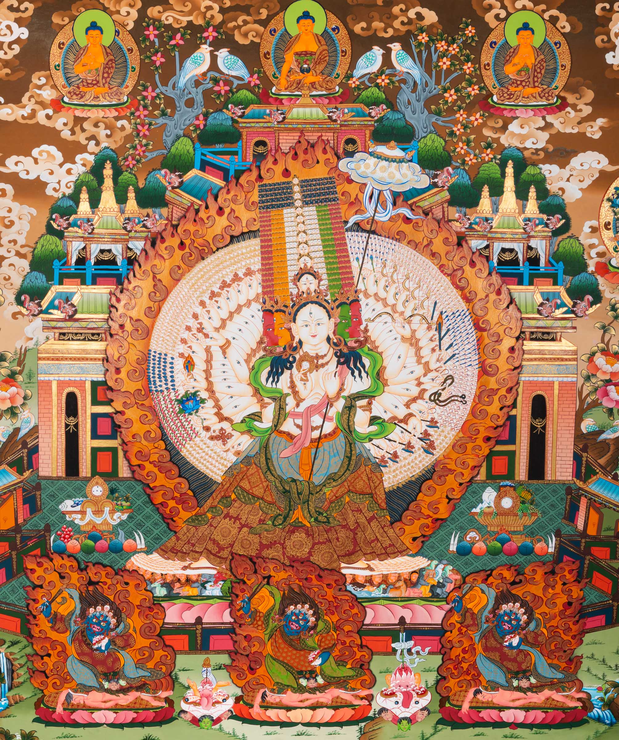 Exclusive Dukkar / Sitatapatra Thangka with standing Dukkar surrounded by deities, protectors, and disciples in layered Tibetan Buddhist composition. 
