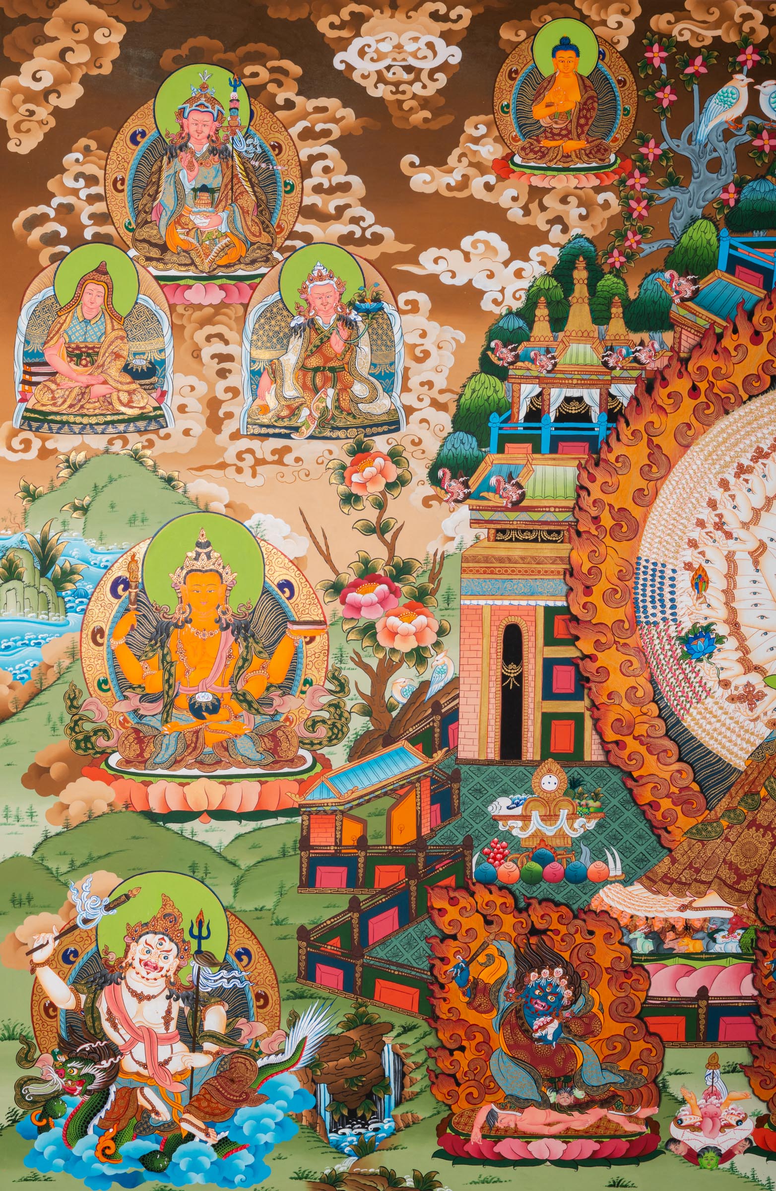 Exclusive Dukkar / Sitatapatra Thangka with standing Dukkar surrounded by deities, protectors, and disciples in layered Tibetan Buddhist composition. 