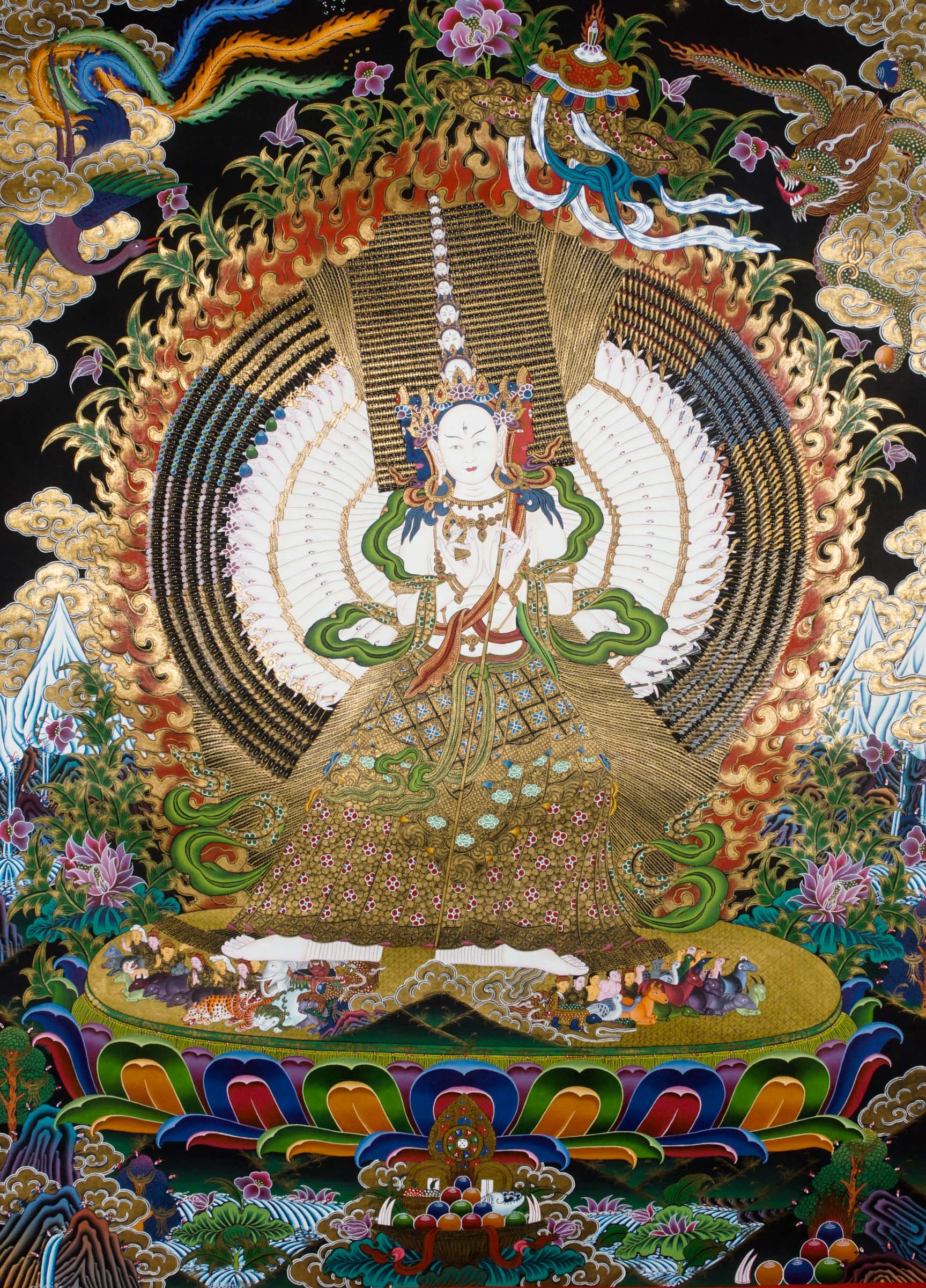 Dhukkar thangka -  a sacred art with thousand heads, arms, and legs, each palm bearing an eye that represents all-encompassing wisdom and spiritual insight. 
